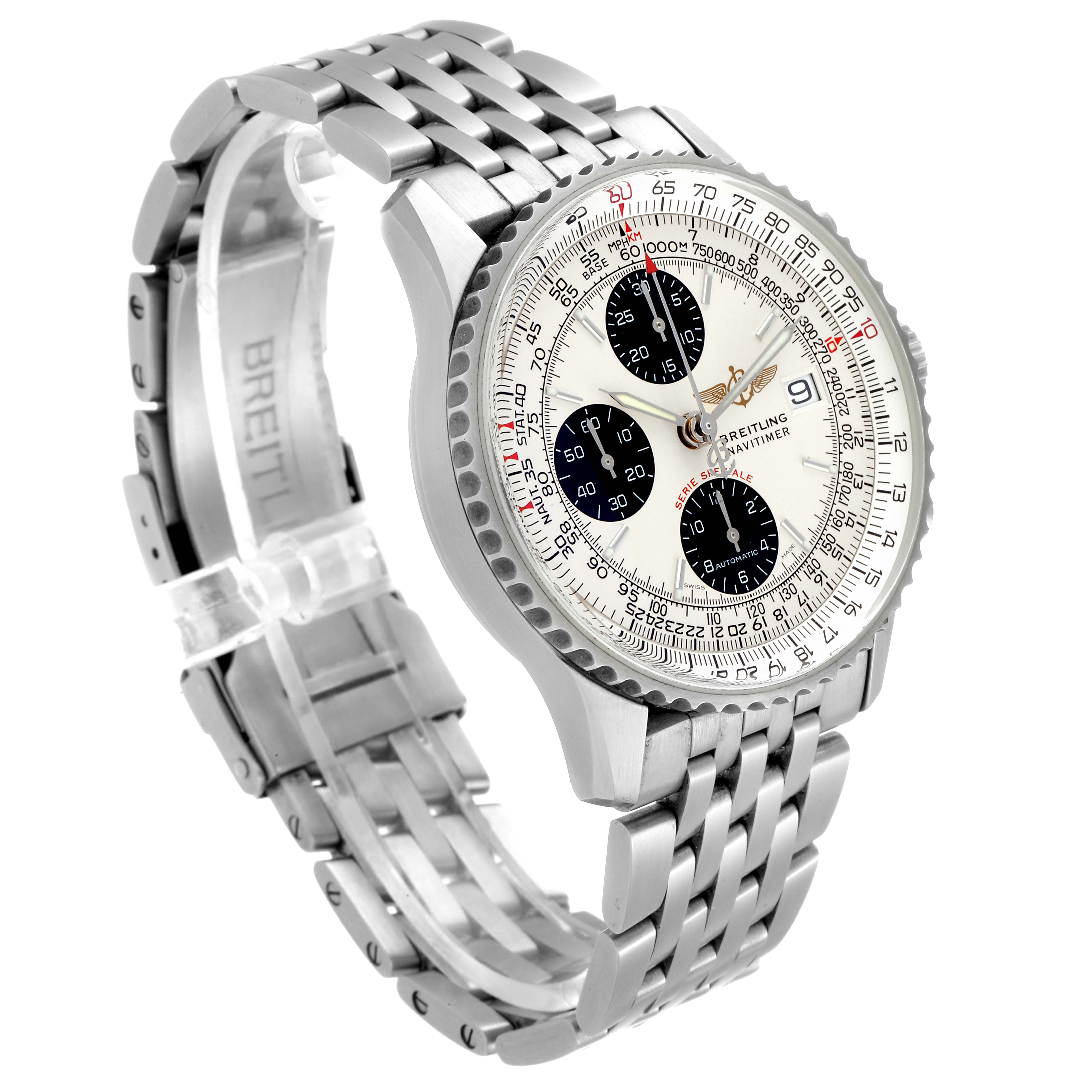 The image shows a Breitling Navitimer A13330 Men's Stainless Steel Silver Dial A13330 Men's Stainless Steel Silver Dial watch at a 3/4 angle, highlighting its face, bezel, and metal bracelet.