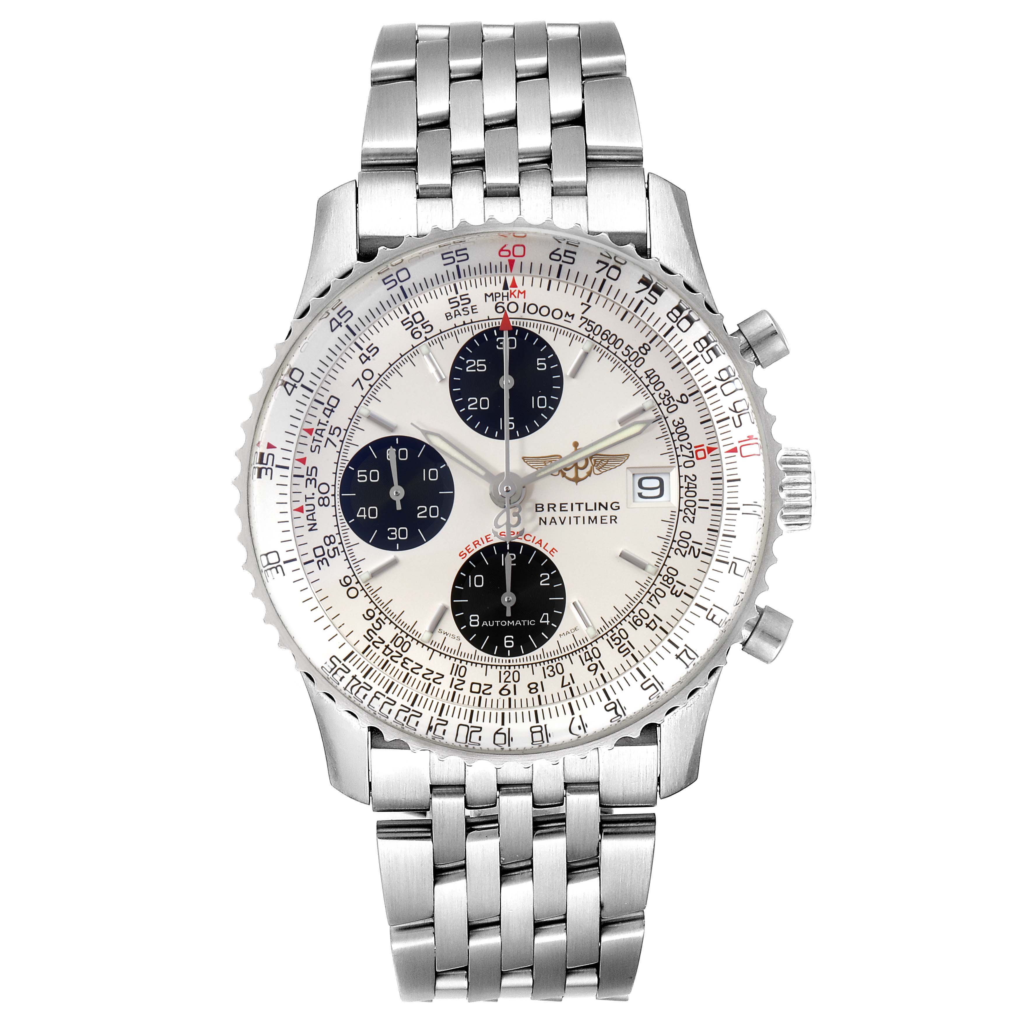 The image shows a Breitling Navitimer A13330 Men's Stainless Steel Silver Dial A13330 Men's Stainless Steel Silver Dial watch from a top-down angle, highlighting the watch face, bezel, and bracelet.