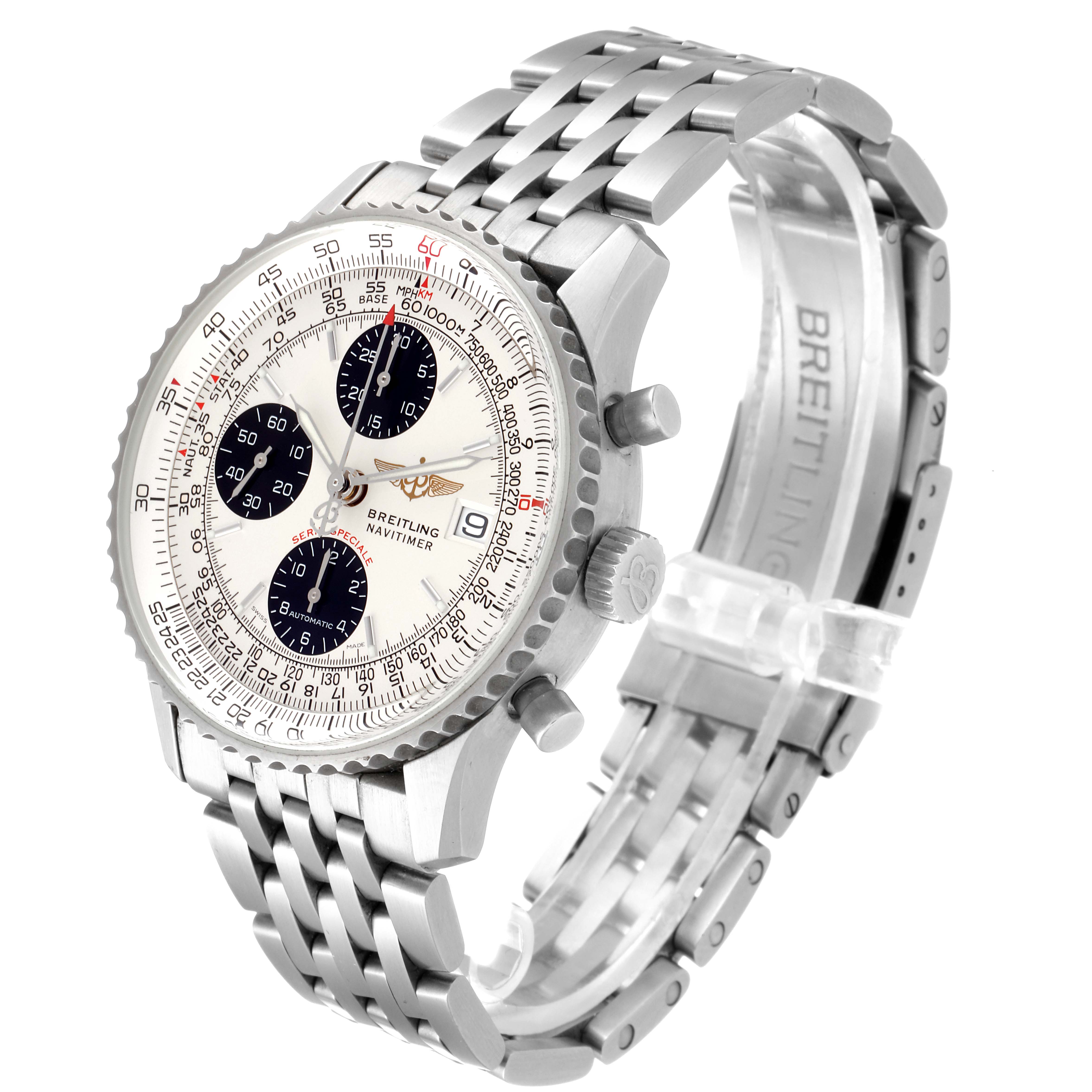 The Breitling Navitimer A13330 Men's Stainless Steel Silver Dial A13330 Men's Stainless Steel Silver Dial watch is shown at a slight angle, displaying its face, bezel, crown, pushers, and metal bracelet.