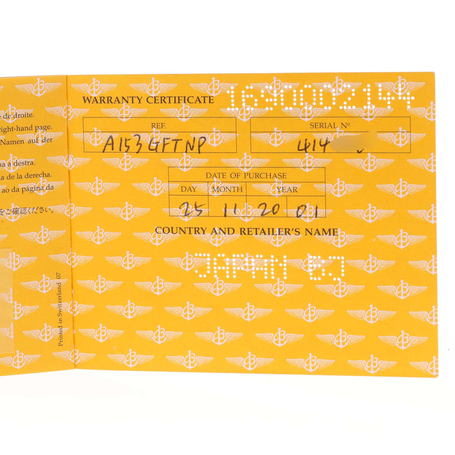 This image shows the warranty certificate for a Breitling Navitimer A13330 Men's Stainless Steel Silver Dial A13330 Men's Stainless Steel Silver Dial watch, displaying the reference number, serial number, date, and country/retailer.