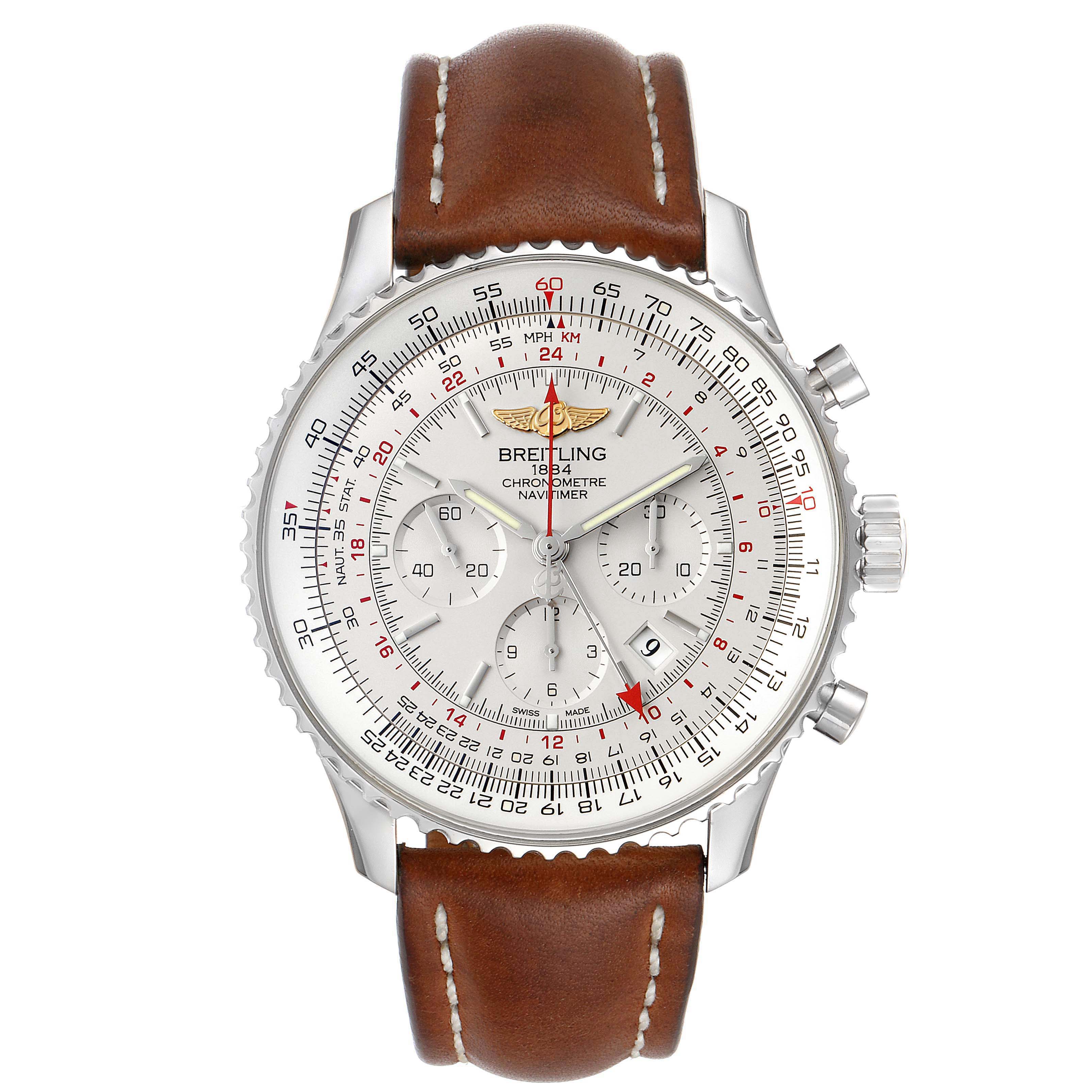 This is a front view of a Breitling Navitimer AB044121-G783-453A Men's Stainless Steel Silver Dial AB044121-G783-453A Men's Stainless Steel Silver Dial watch, showcasing its dial, bezel, and brown leather strap.