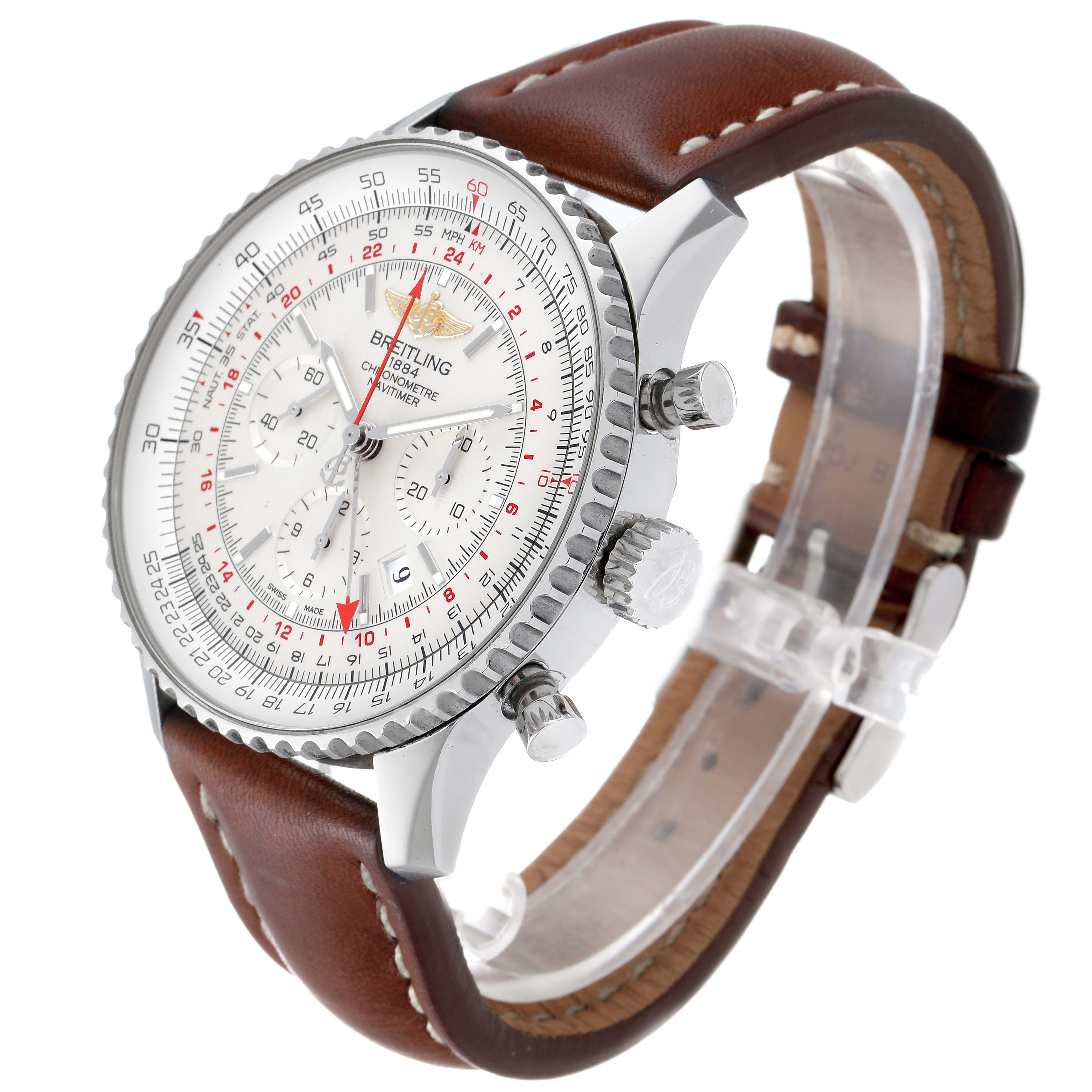 The image shows a Breitling Navitimer AB044121-G783-453A Men's Stainless Steel Silver Dial AB044121-G783-453A Men's Stainless Steel Silver Dial watch at an angle highlighting its face, bezel, crown, pushers, and brown leather strap.
