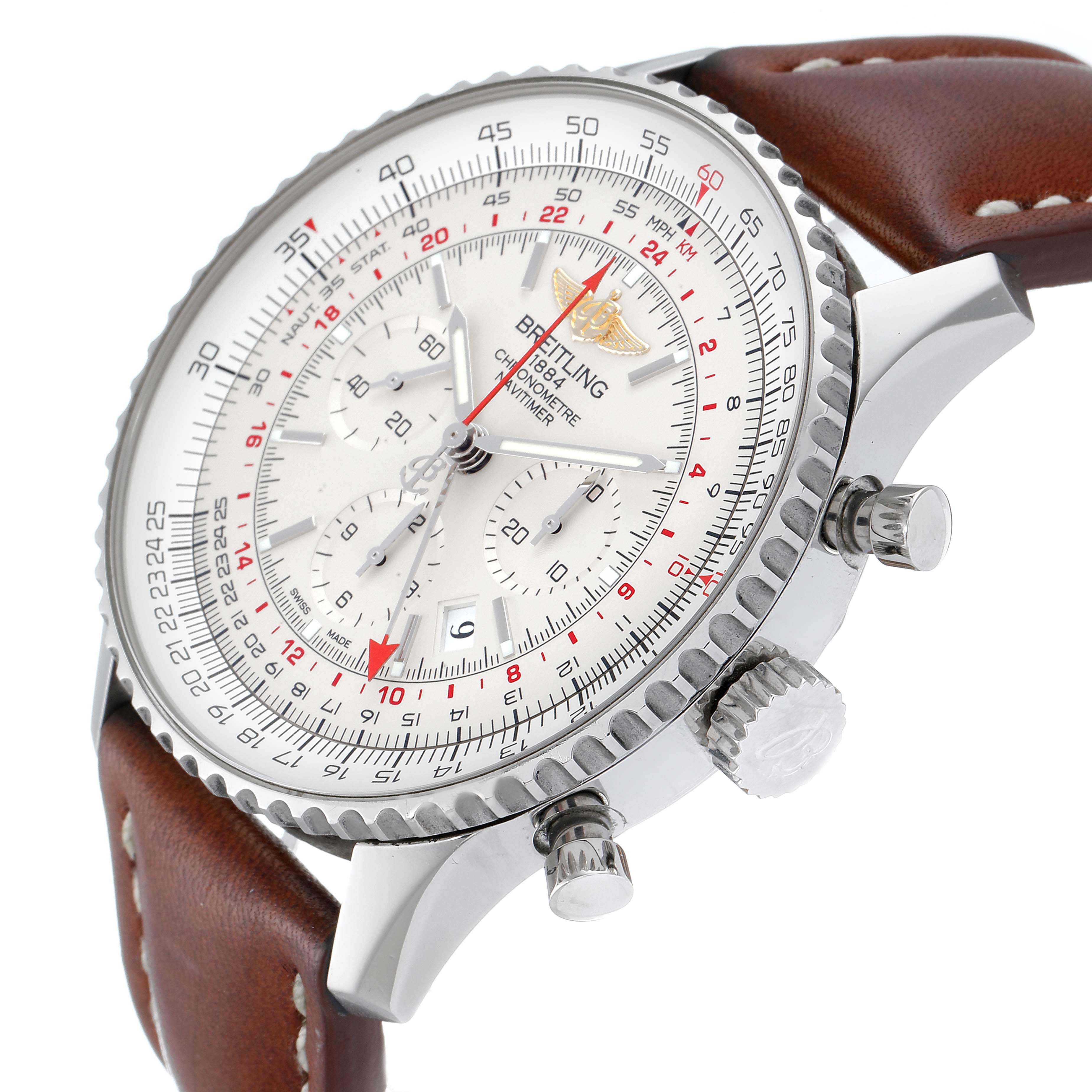 The image shows a side angle of the Breitling Navitimer AB044121-G783-453A Men's Stainless Steel Silver Dial AB044121-G783-453A Men's Stainless Steel Silver Dial watch, highlighting its face, bezel, crown, and pushers.