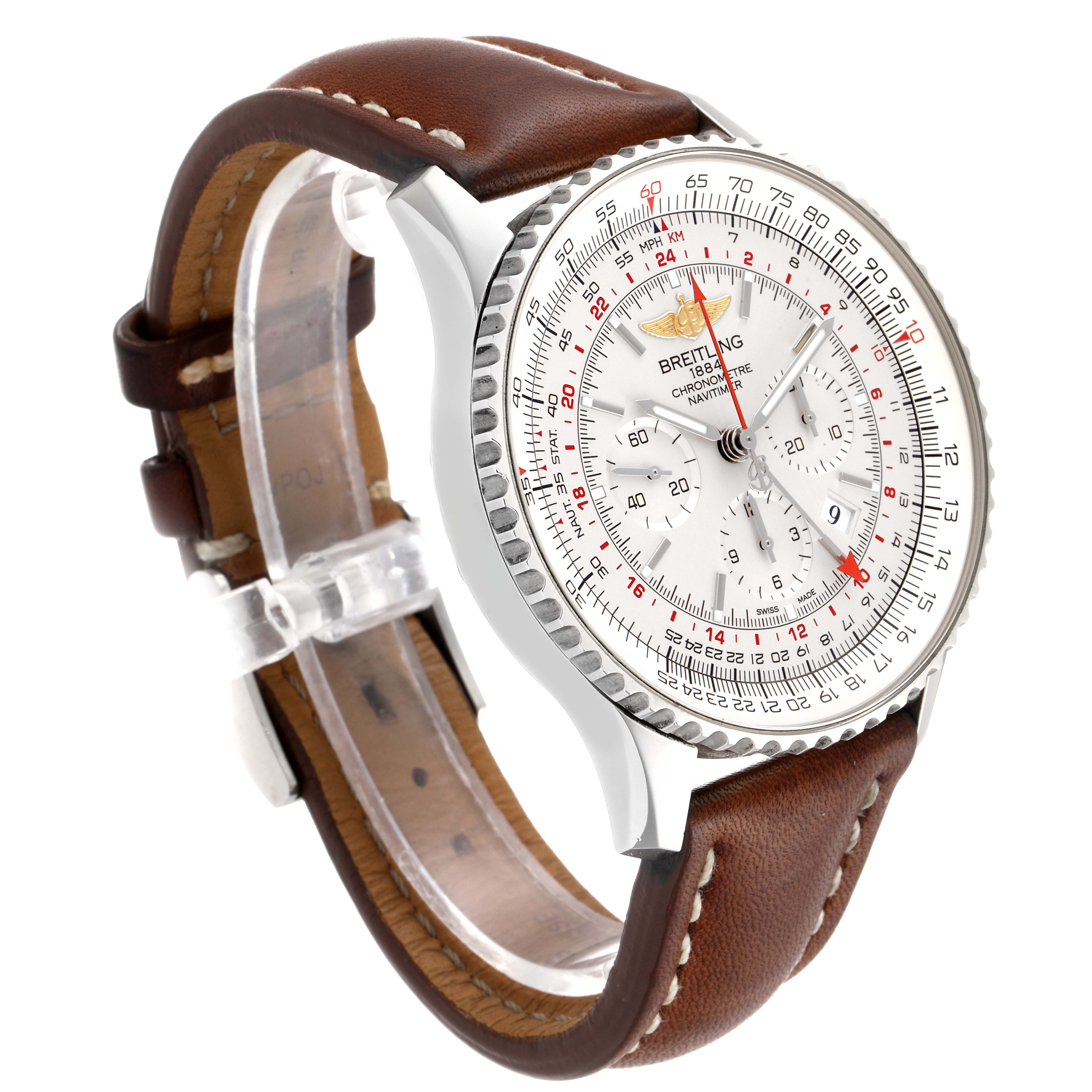 The image shows a Breitling Navitimer AB044121-G783-453A Men's Stainless Steel Silver Dial AB044121-G783-453A Men's Stainless Steel Silver Dial watch at a slight side angle, featuring the watch face, bezel, and brown leather strap.