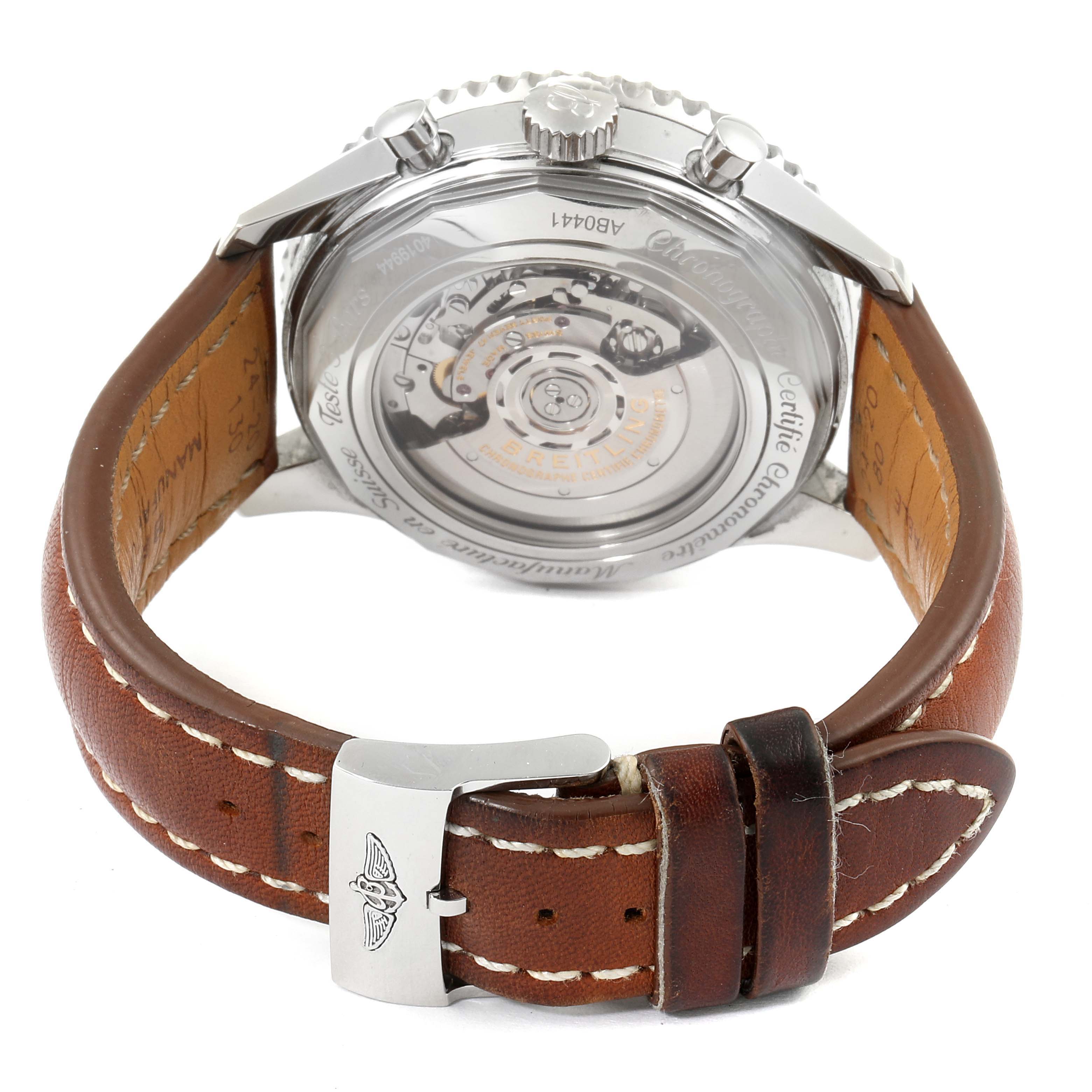 The image shows the back of a Breitling Navitimer AB044121-G783-453A Men's Stainless Steel Silver Dial AB044121-G783-453A Men's Stainless Steel Silver Dial watch with a leather strap and visible watch movement.