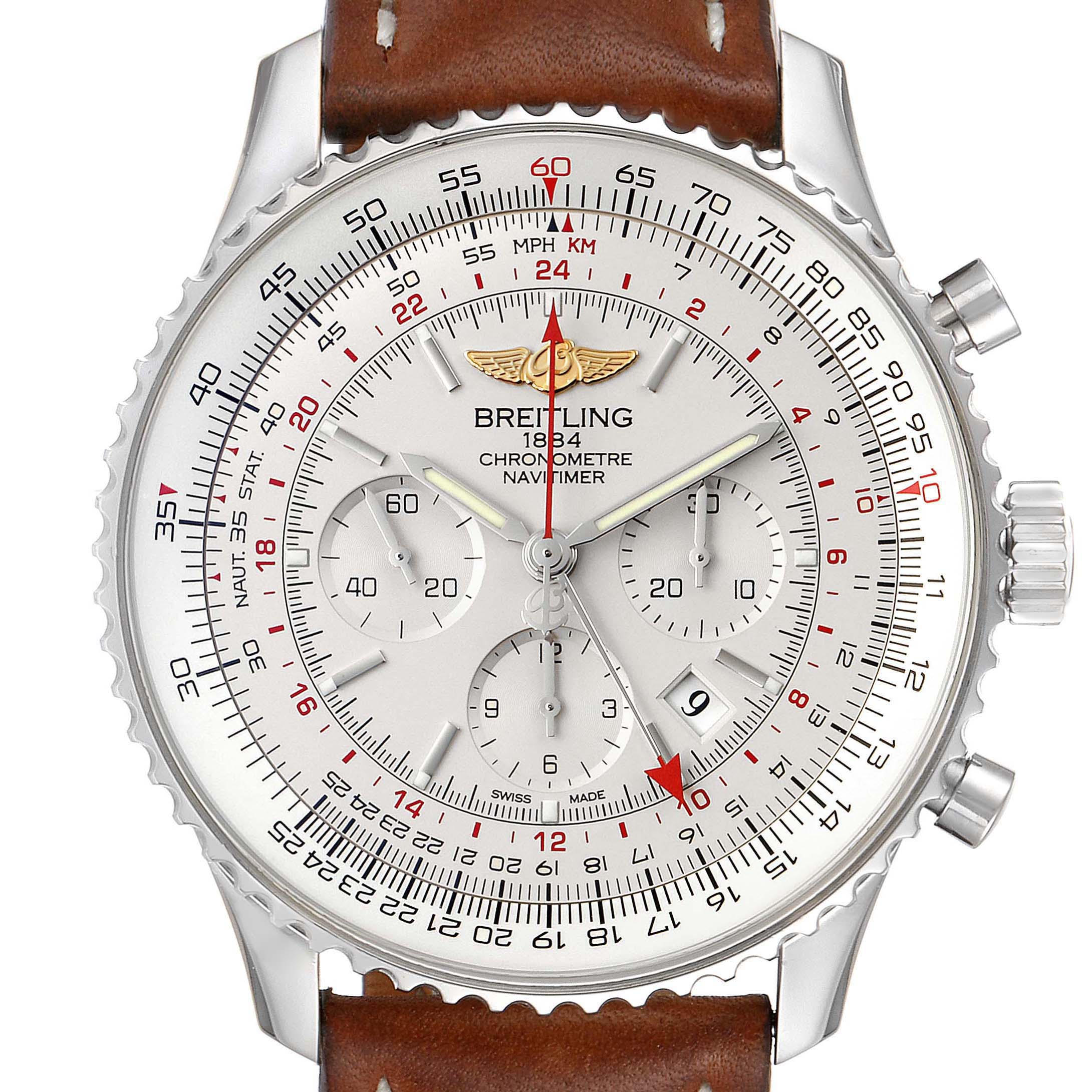 The image shows a close-up angle of the Breitling Navitimer AB044121-G783-453A Men's Stainless Steel Silver Dial AB044121-G783-453A Men's Stainless Steel Silver Dial watch face and bezel, emphasizing the dial and chronograph subdials.