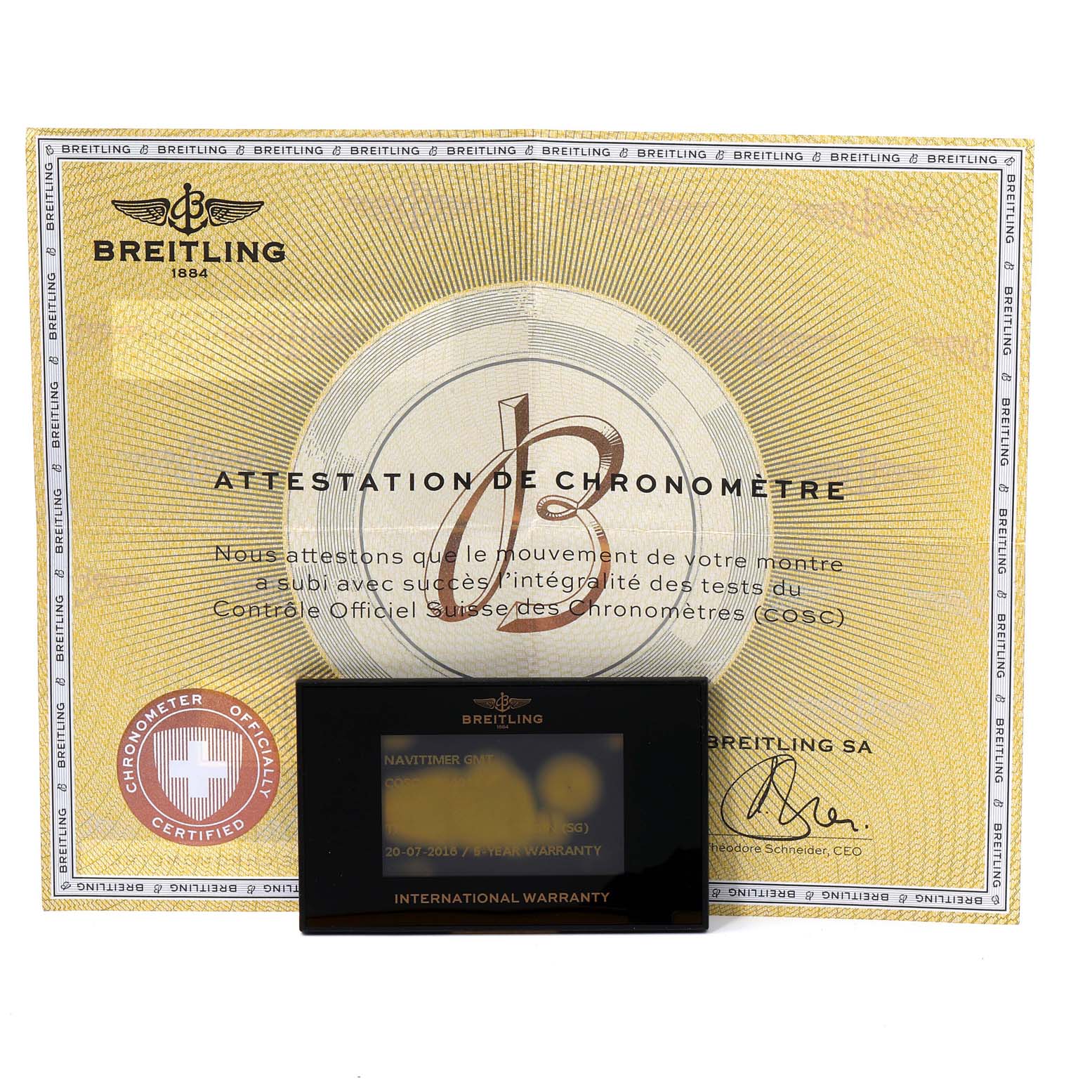 This image shows the certificate of chronometer and international warranty card for the Breitling Navitimer AB044121-G783-453A Men's Stainless Steel Silver Dial AB044121-G783-453A Men's Stainless Steel Silver Dial watch model.