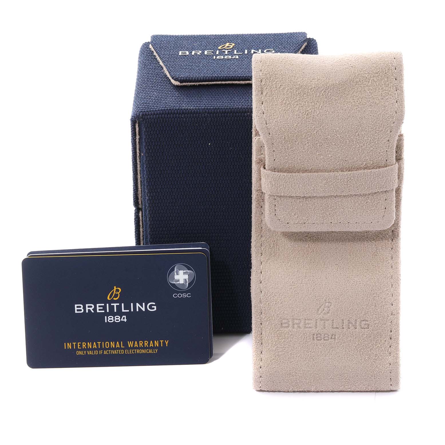 The image shows the case, warranty card, and travel pouch for a Breitling Premier AB0145331K1P2 Men's Stainless Steel Pink Dial AB0145331K1P2 Men's Stainless Steel Pink Dial model watch.