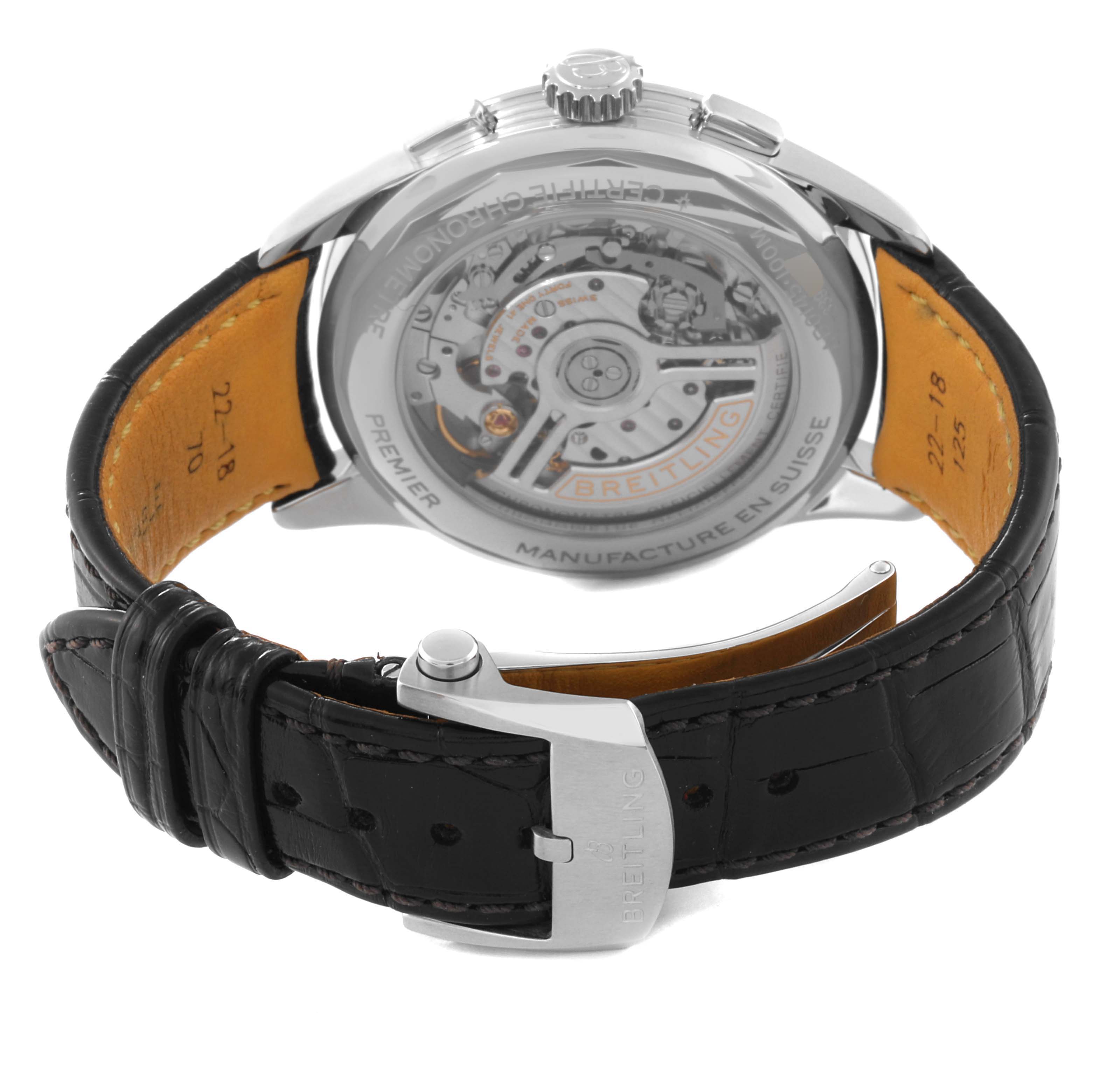 The image shows the back view of a Breitling Premier AB0145331K1P2 Men's Stainless Steel Pink Dial AB0145331K1P2 Men's Stainless Steel Pink Dial watch, highlighting its intricate movement and black leather strap.