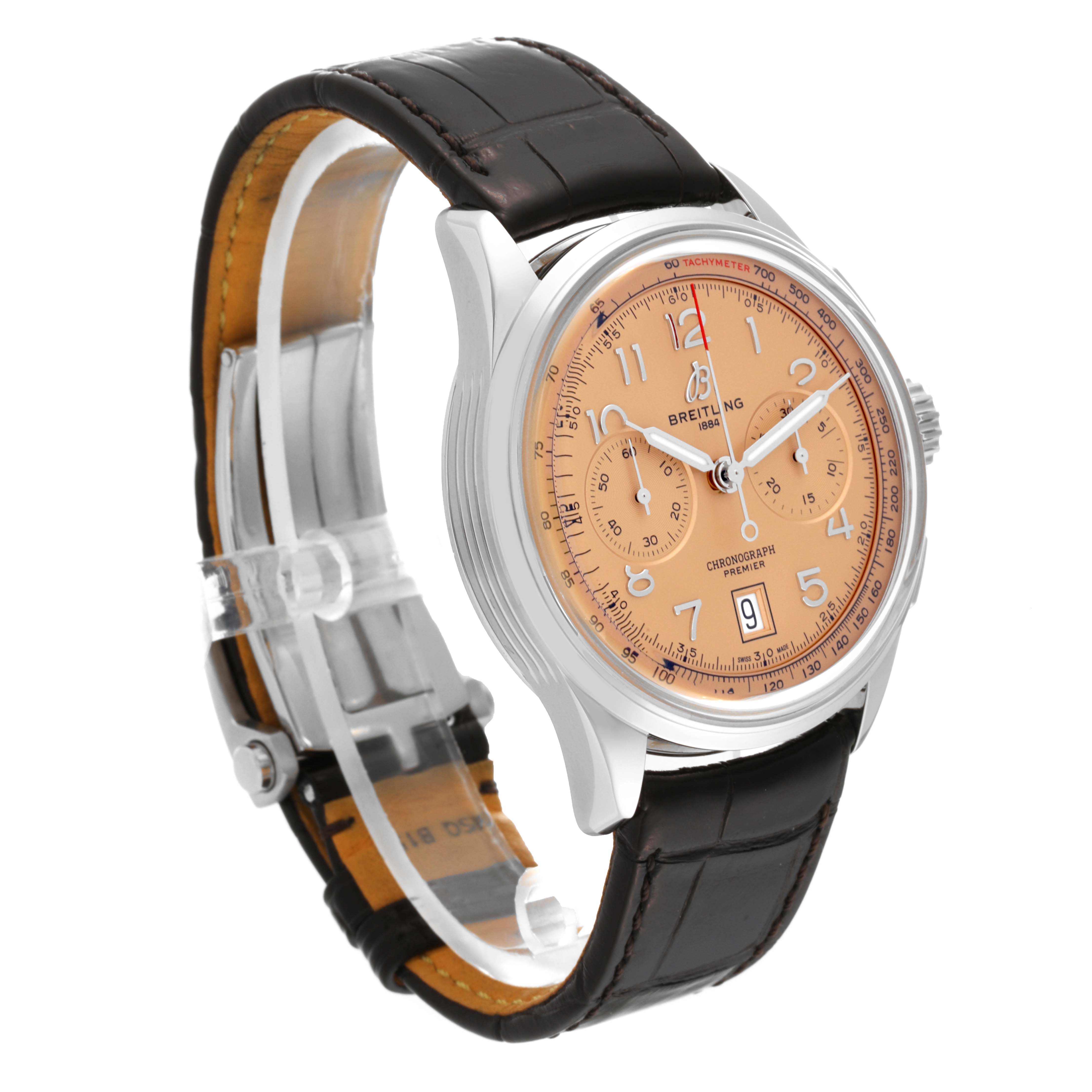 The Breitling Premier AB0145331K1P2 Men's Stainless Steel Pink Dial AB0145331K1P2 Men's Stainless Steel Pink Dial model watch is shown at an angle that highlights its face, crown, and leather strap.