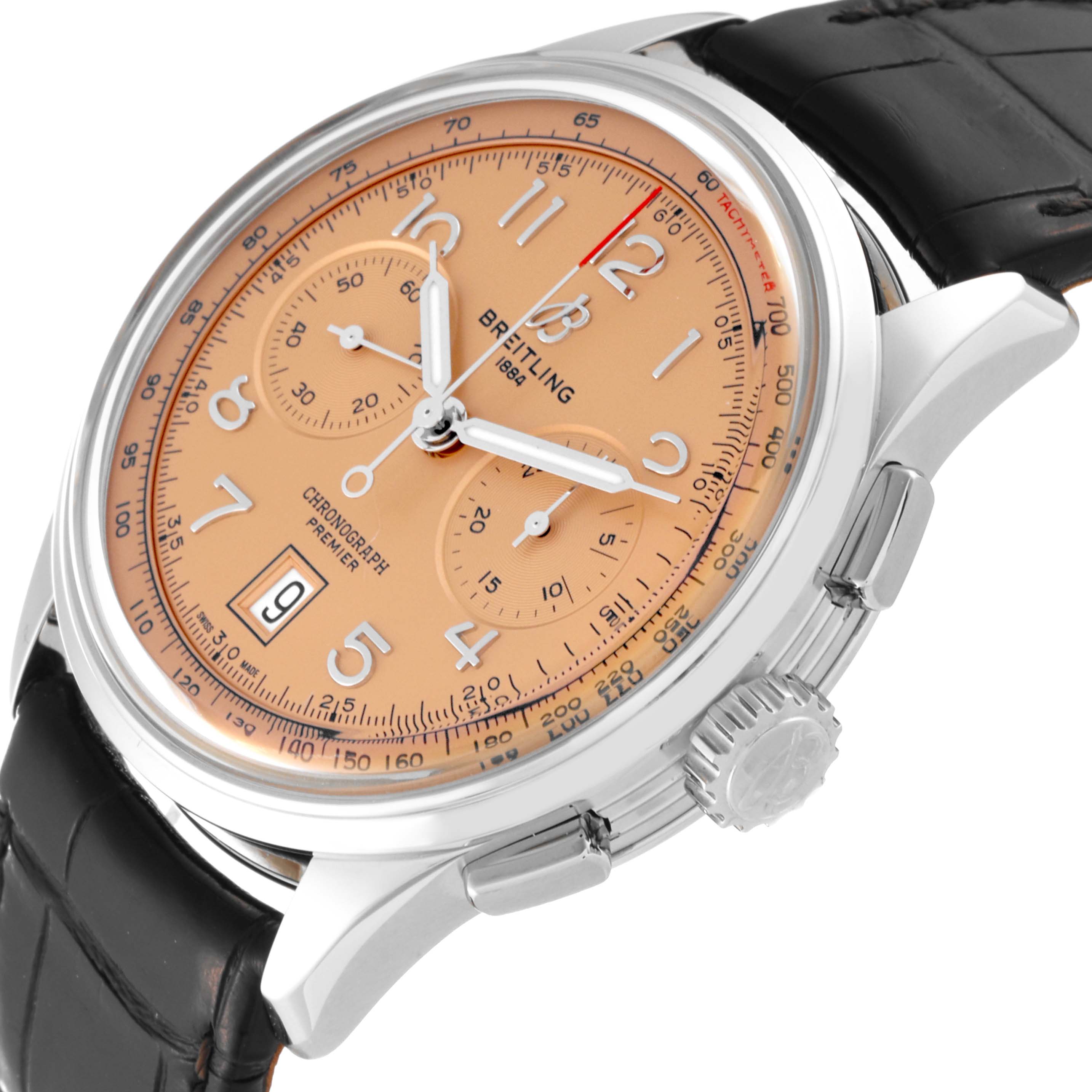 The image shows a side angle of the Breitling Premier AB0145331K1P2 Men's Stainless Steel Pink Dial AB0145331K1P2 Men's Stainless Steel Pink Dial model watch, highlighting its dial, chronograph, date display, and leather strap.