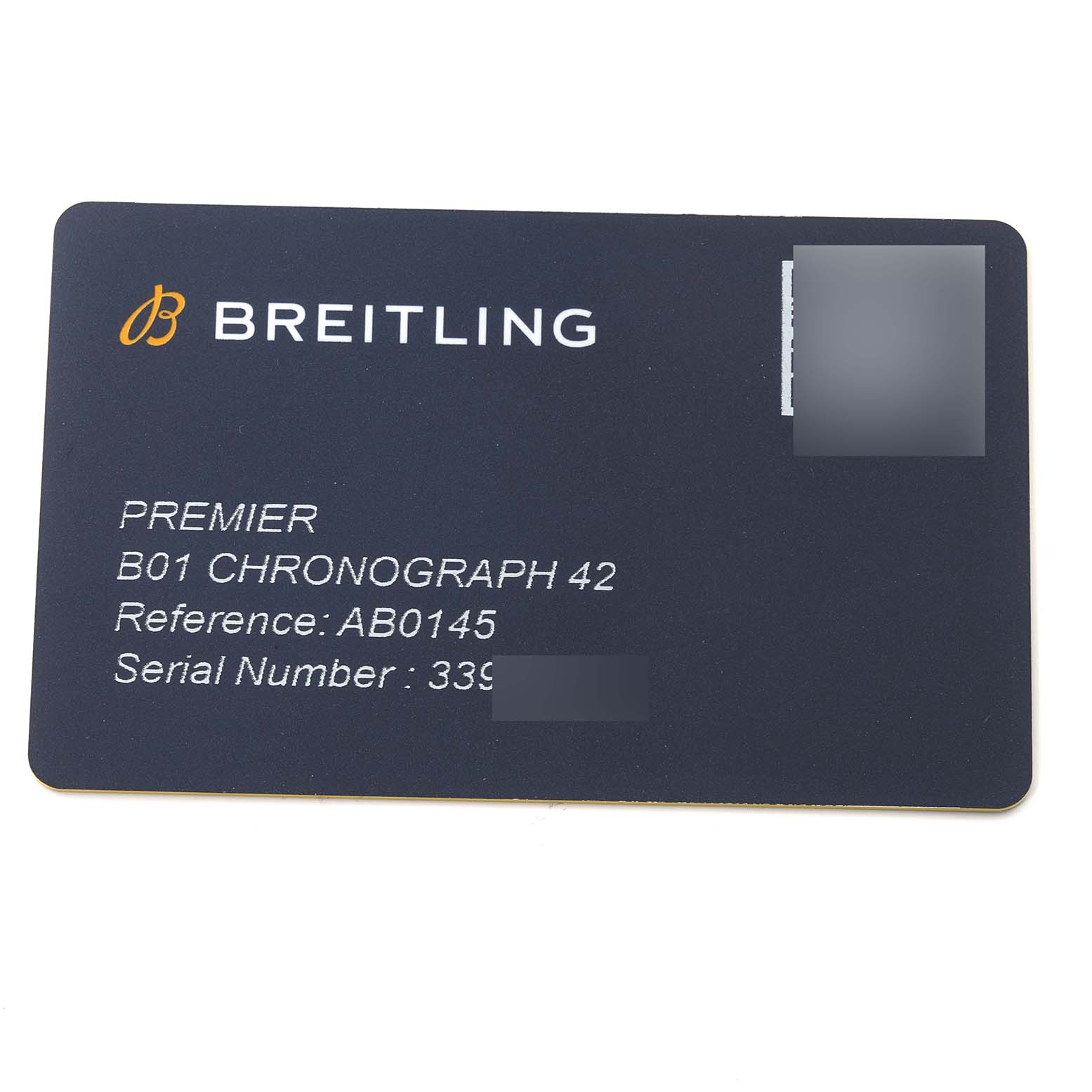 This is the warranty or authentication card for the Premier B01 Chronograph 42 by Breitling.