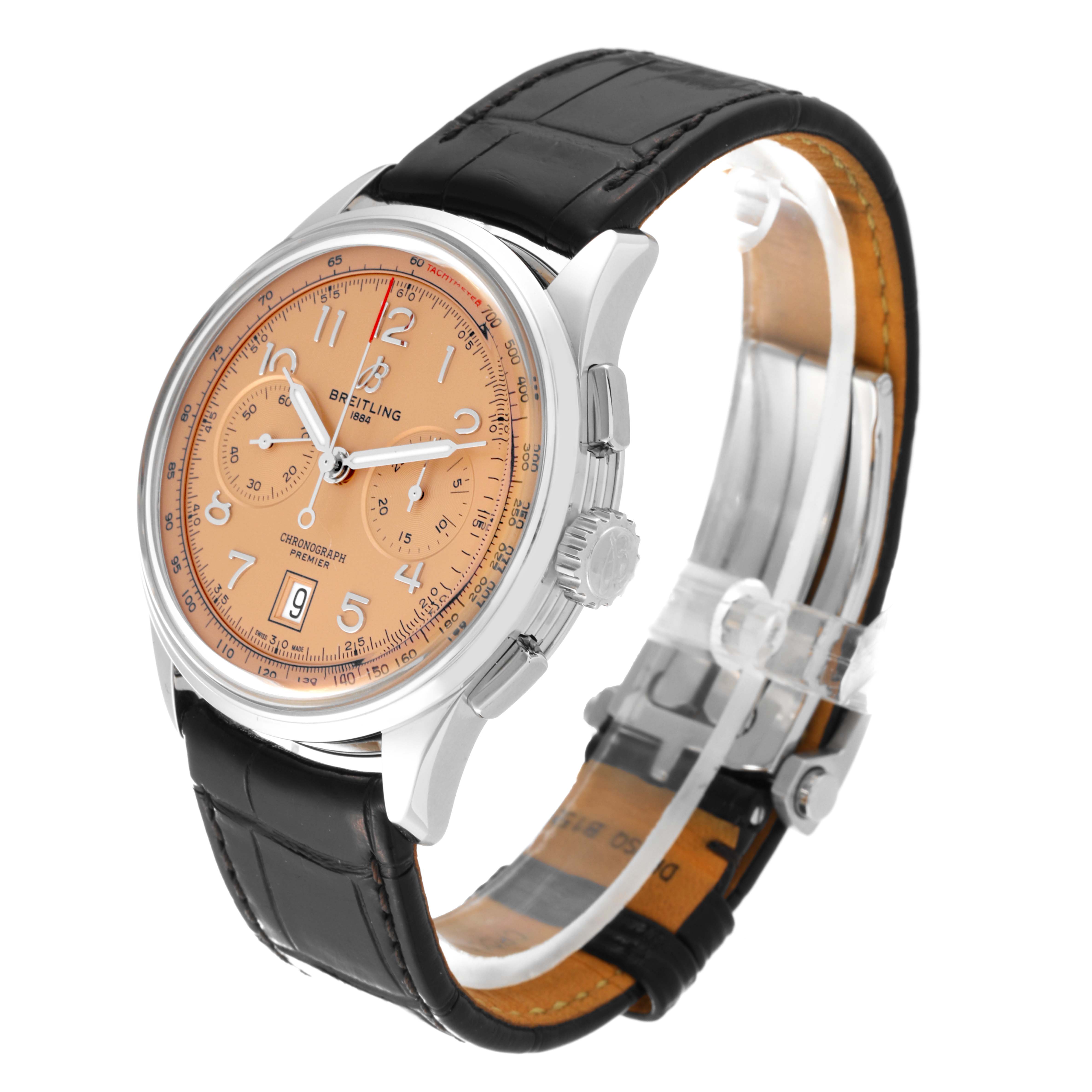 The Breitling Premier AB0145331K1P2 Men's Stainless Steel Pink Dial AB0145331K1P2 Men's Stainless Steel Pink Dial watch is shown at a three-quarter angle, highlighting its dial, case, crown, and leather strap.