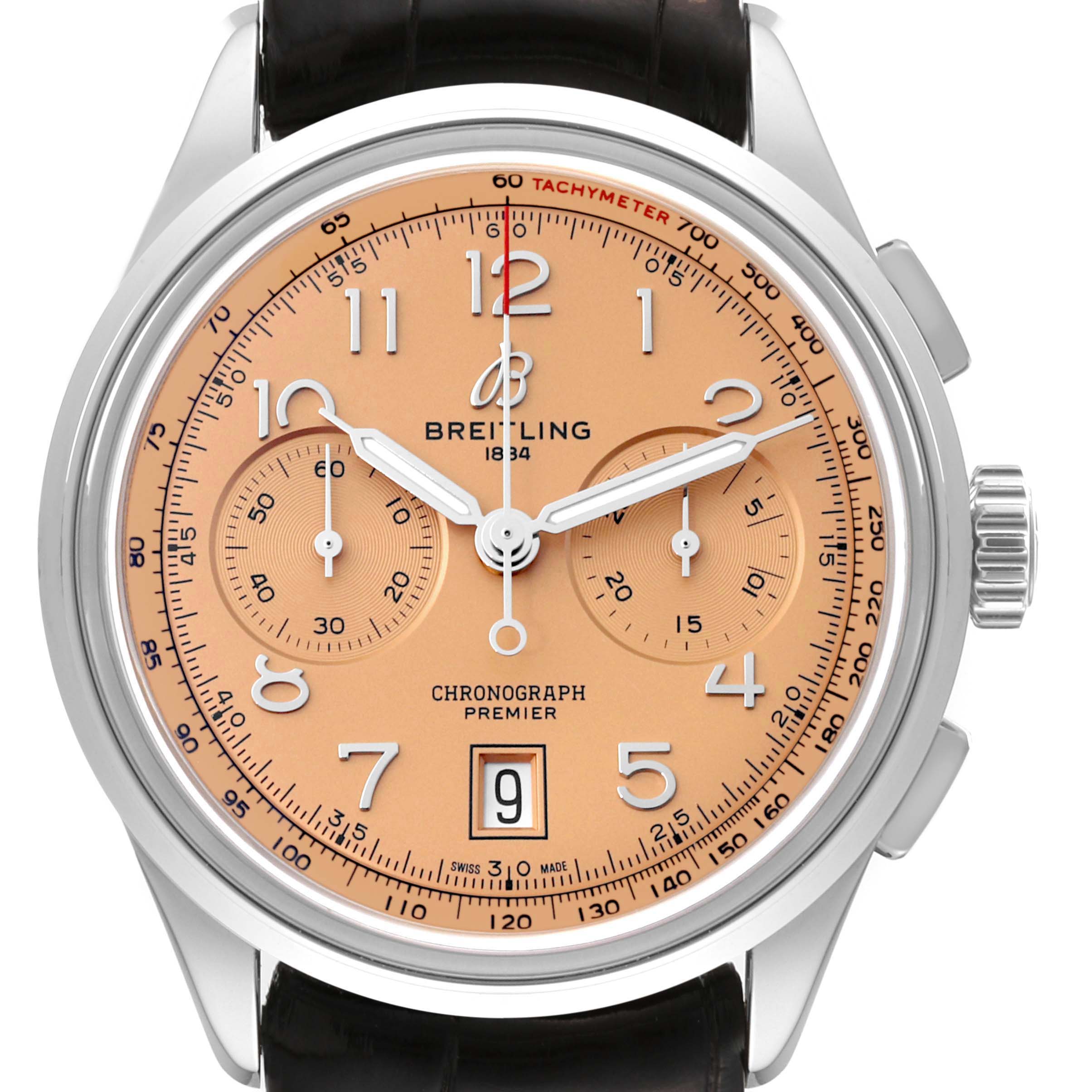 The image shows a frontal view of a Breitling Premier AB0145331K1P2 Men's Stainless Steel Pink Dial AB0145331K1P2 Men's Stainless Steel Pink Dial watch, displaying its peach dial, chronograph subdials, and black leather strap.
