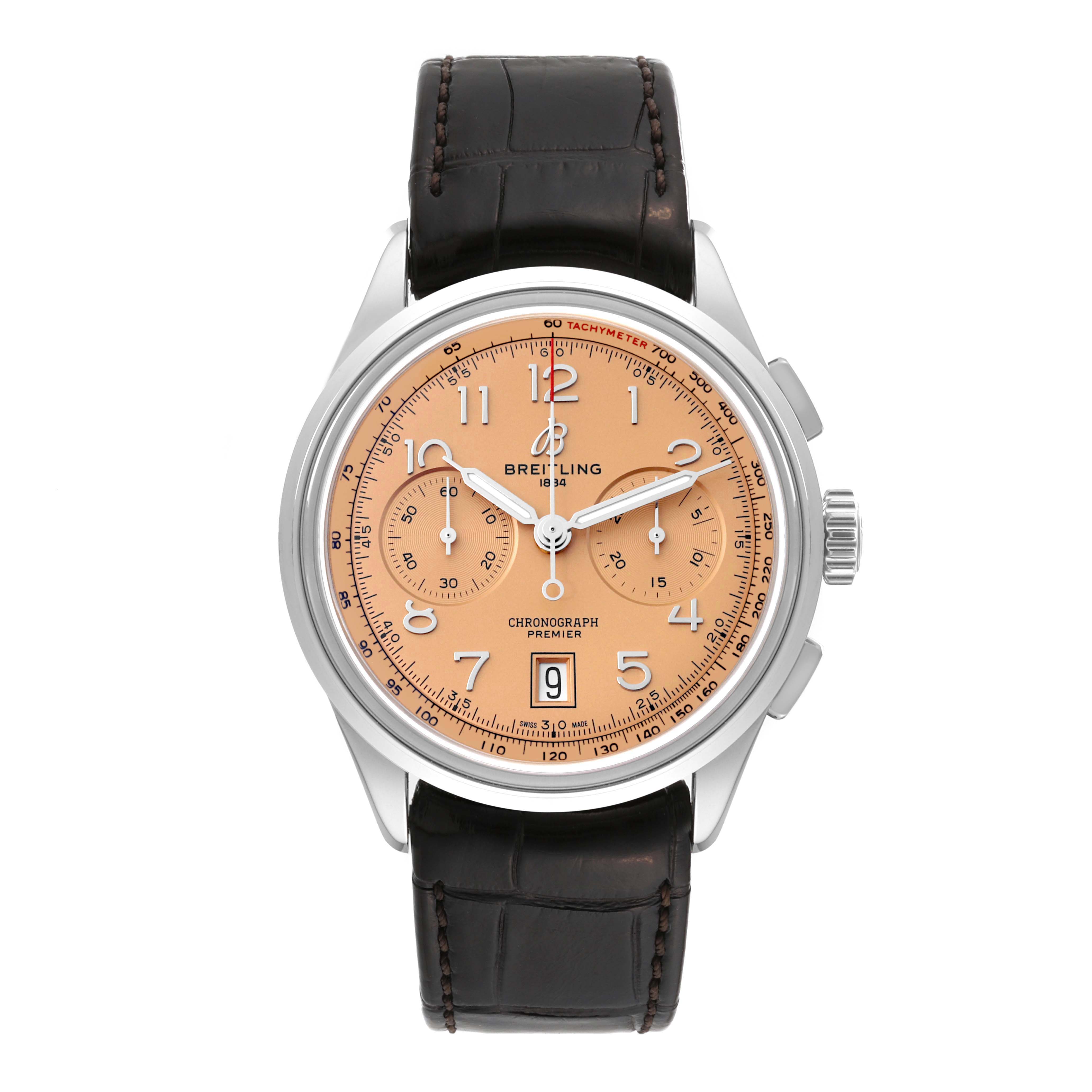 The image shows a front view of a Breitling Premier AB0145331K1P2 Men's Stainless Steel Pink Dial AB0145331K1P2 Men's Stainless Steel Pink Dial model watch with a brown leather strap and a beige dial featuring multiple sub-dials.