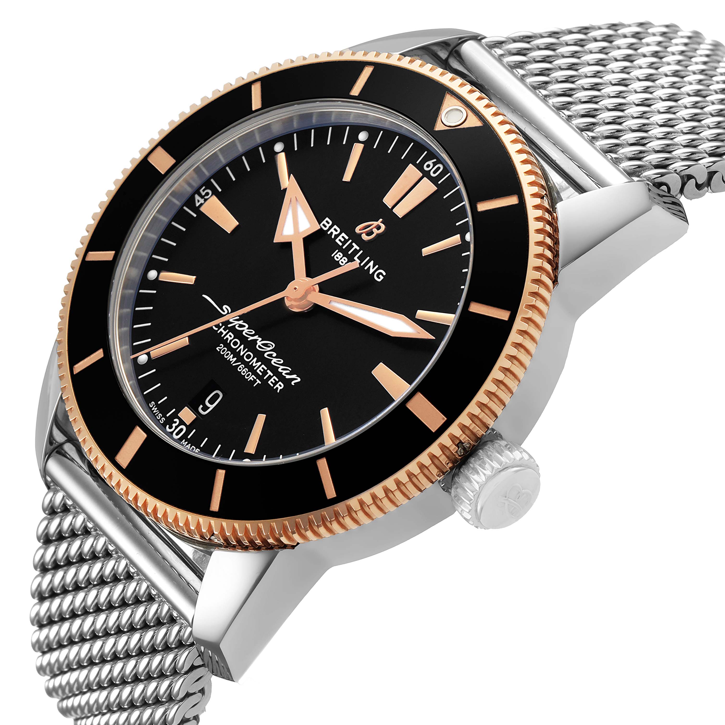 The Breitling Superocean UB2030121B1A1 Men's Stainless Steel Black Dial watch is shown at a close-up angle, highlighting the dial, bezel, and metal mesh strap.