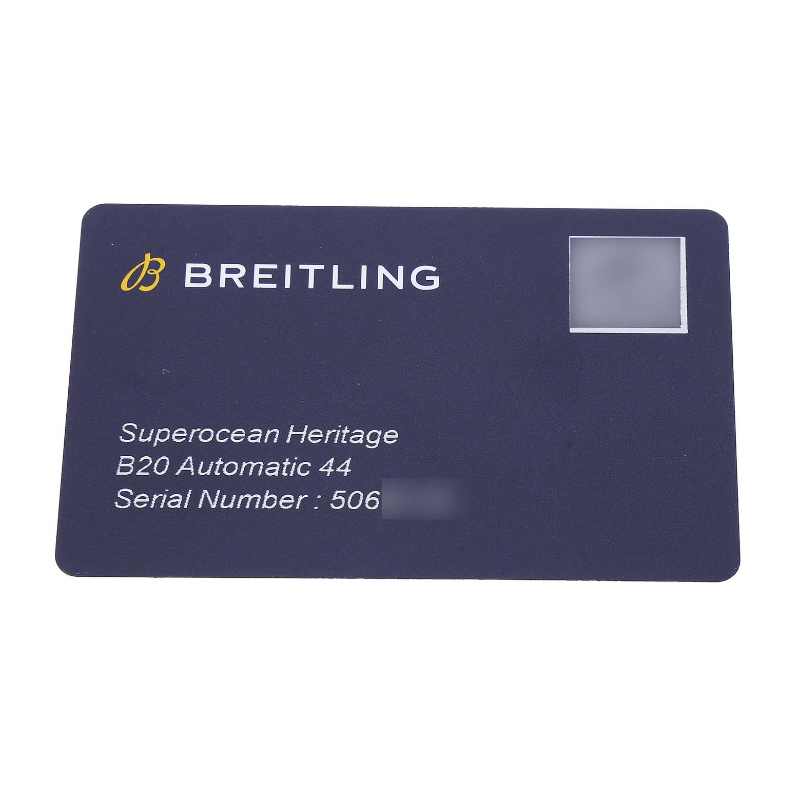 The image shows a warranty card for a Breitling Superocean UB2030121B1A1 Men's Stainless Steel Black Dial Heritage B20 Automatic 44 watch.