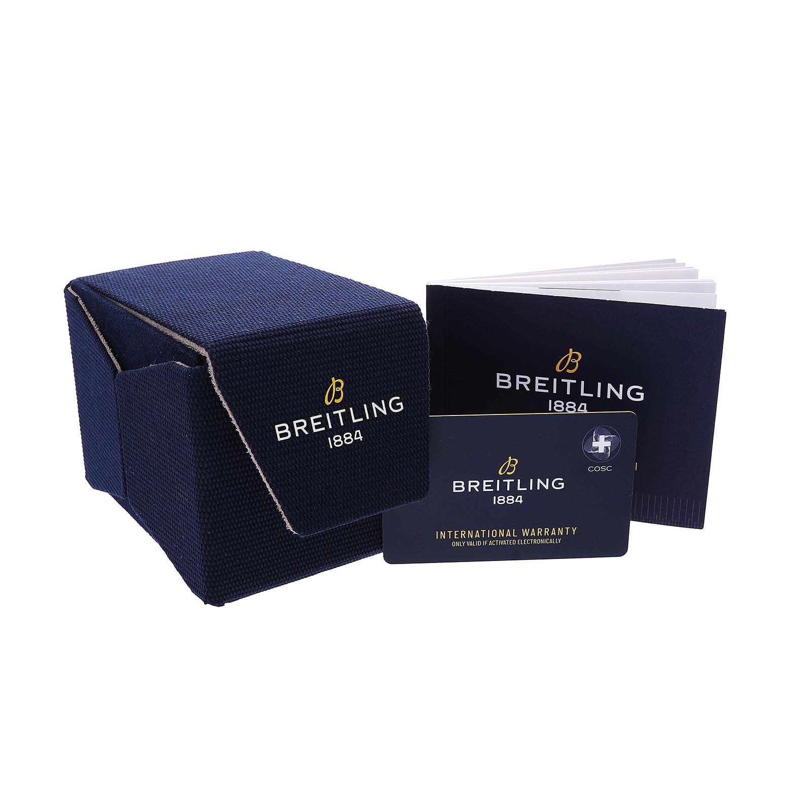 The image shows a Breitling Superocean UB2030121B1A1 Men's Stainless Steel Black Dial box, warranty card, and booklet from a frontal angle.