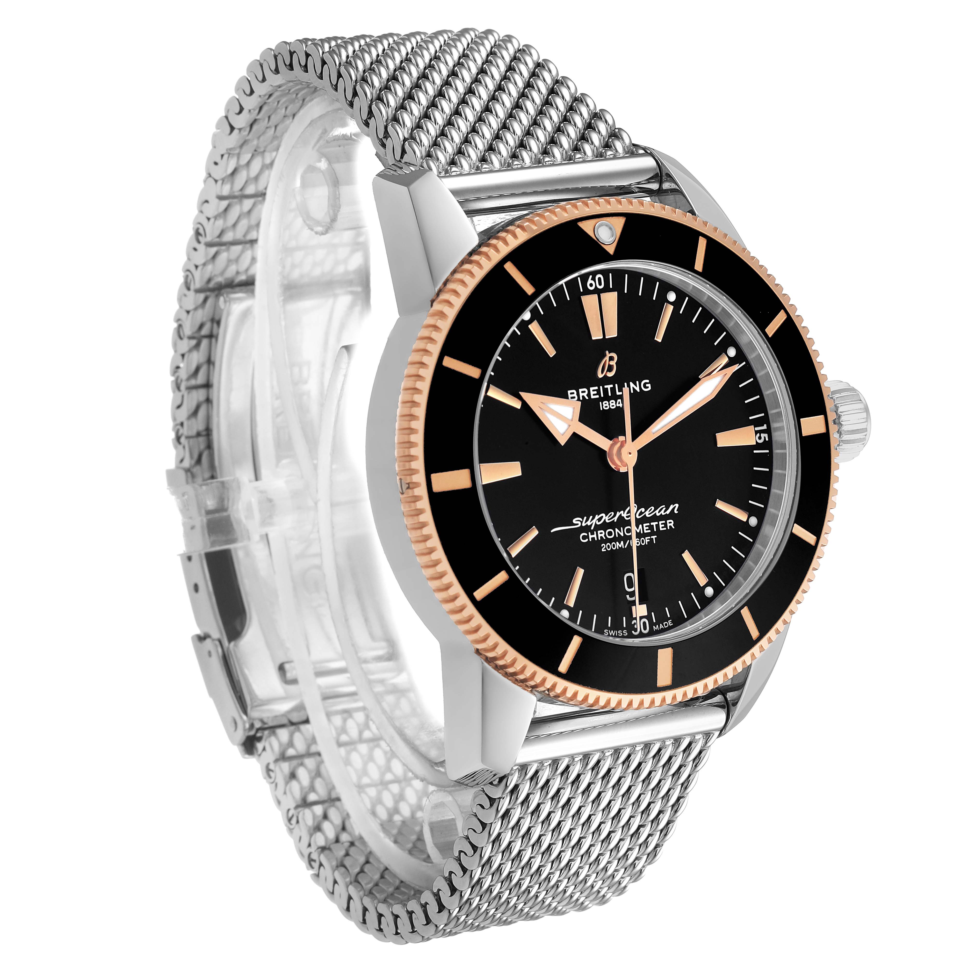 The Breitling Superocean UB2030121B1A1 Men's Stainless Steel Black Dial watch is shown at a slight angle, displaying its face, mesh band, and side bezel details.