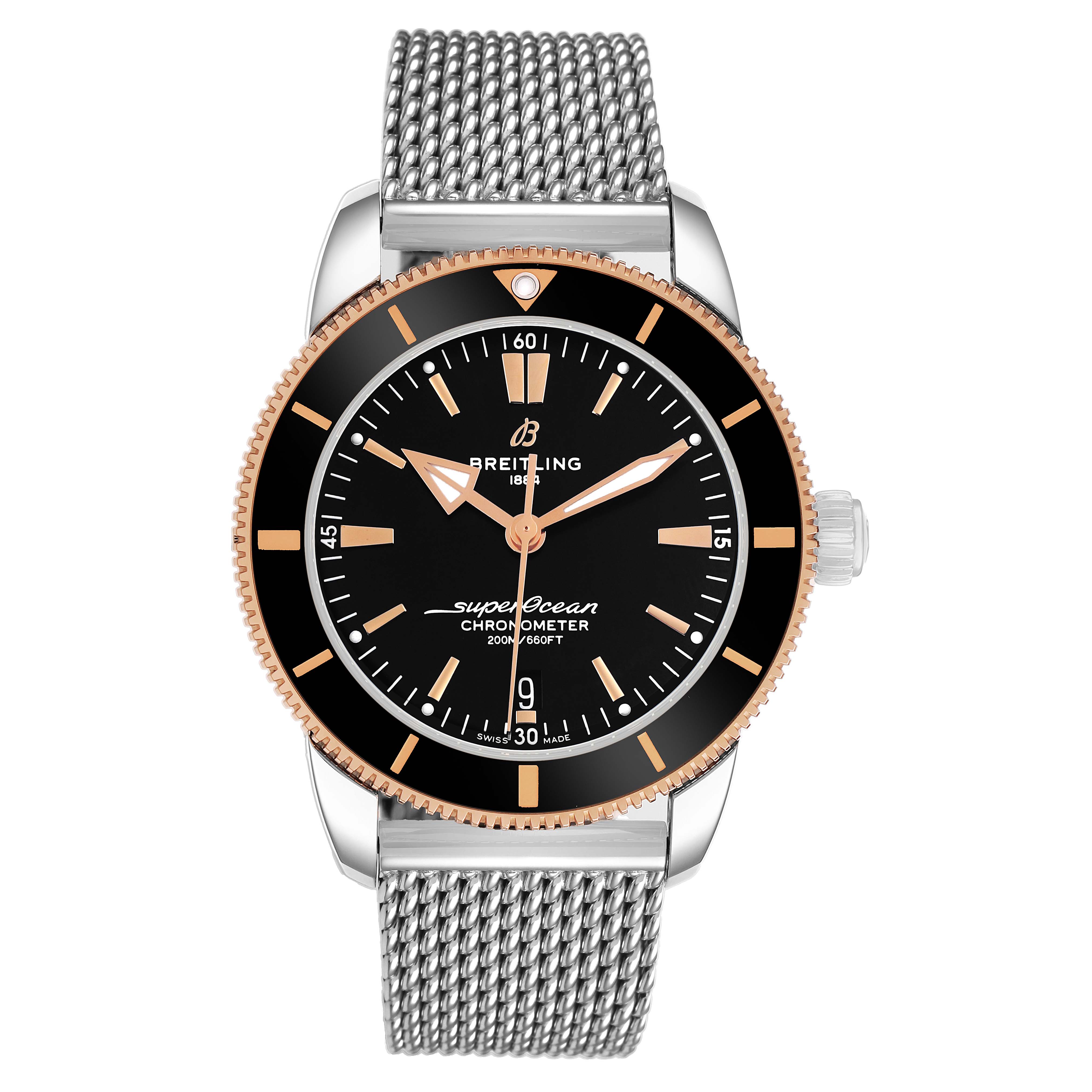 The Breitling Superocean UB2030121B1A1 Men's Stainless Steel Black Dial watch is shown from a front angle, featuring its face, hands, bezel, crown, and mesh bracelet.