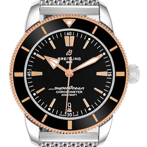 The Breitling Superocean UB2030121B1A1 Men's Stainless Steel Black Dial watch is shown from the front, highlighting the bezel, dial, hands, and part of the band.