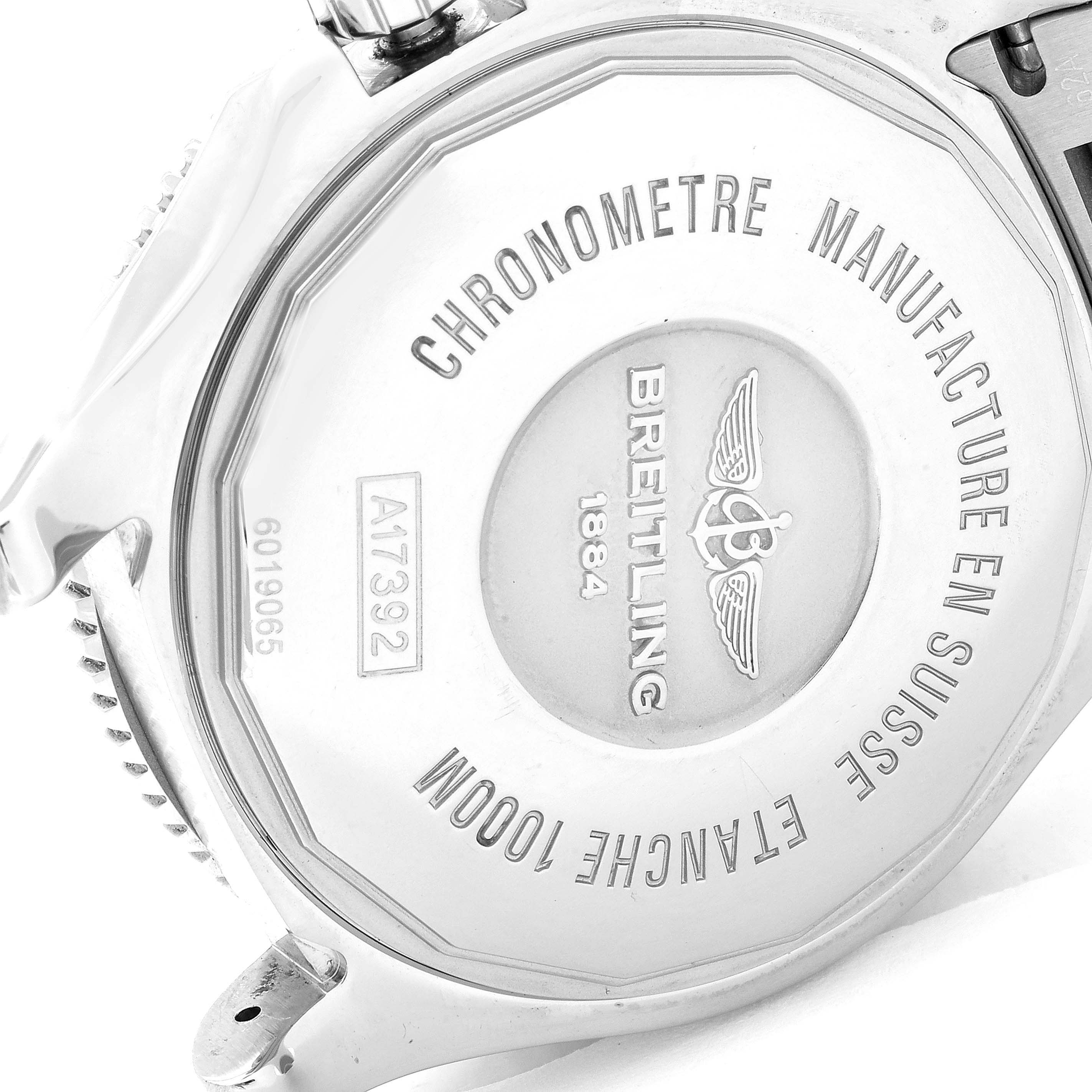 This image shows the back case of the Breitling Superocean A17392D8/C910  Men's Stainless Steel Blue Dial A17392D8/C910  Men's Stainless Steel Blue Dial watch, highlighting the brand, model number (A17392), and water resistance information.