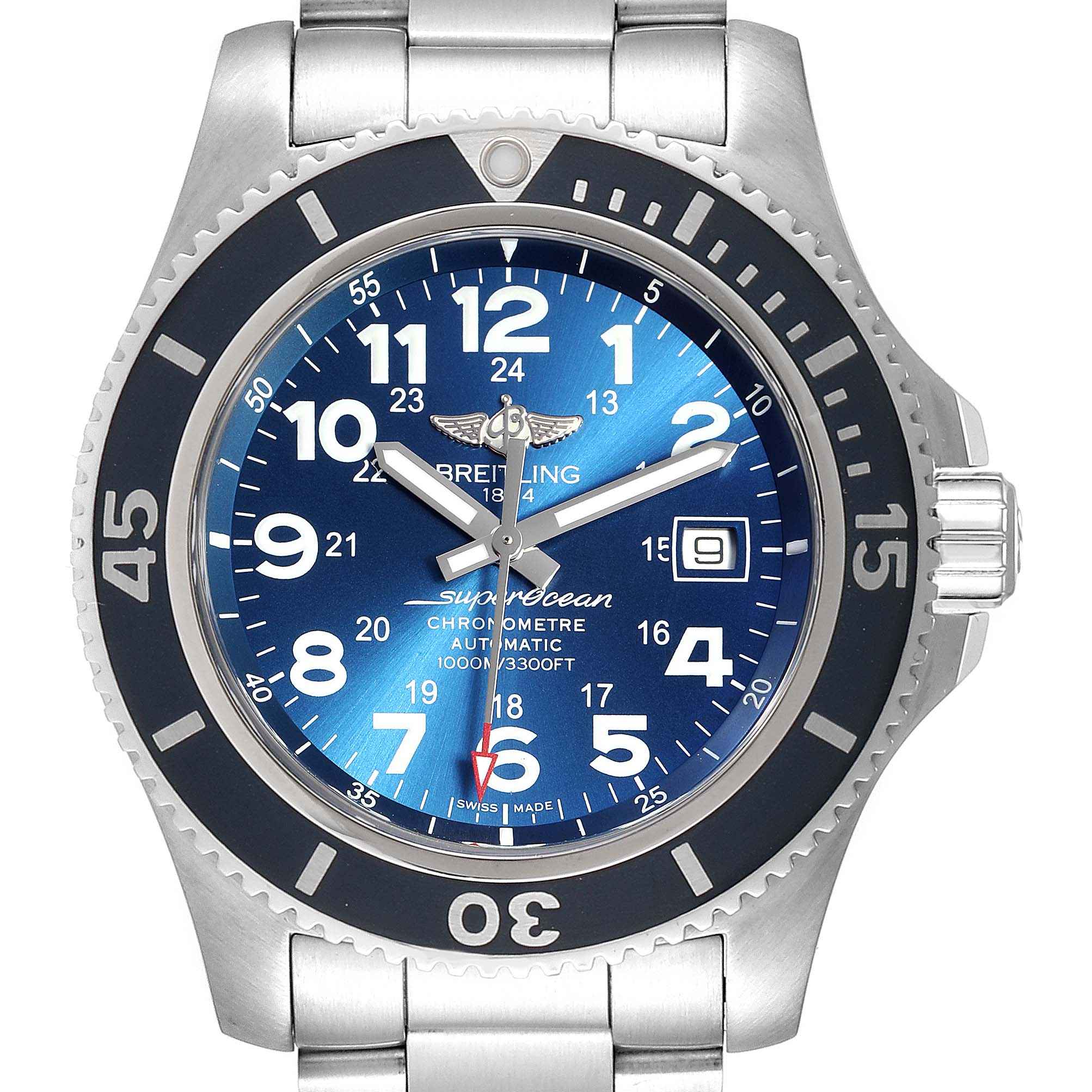 The image shows the front view of a Breitling Superocean A17392D8/C910  Men's Stainless Steel Blue Dial A17392D8/C910  Men's Stainless Steel Blue Dial watch, highlighting its bezel, dial, and part of the metal bracelet.