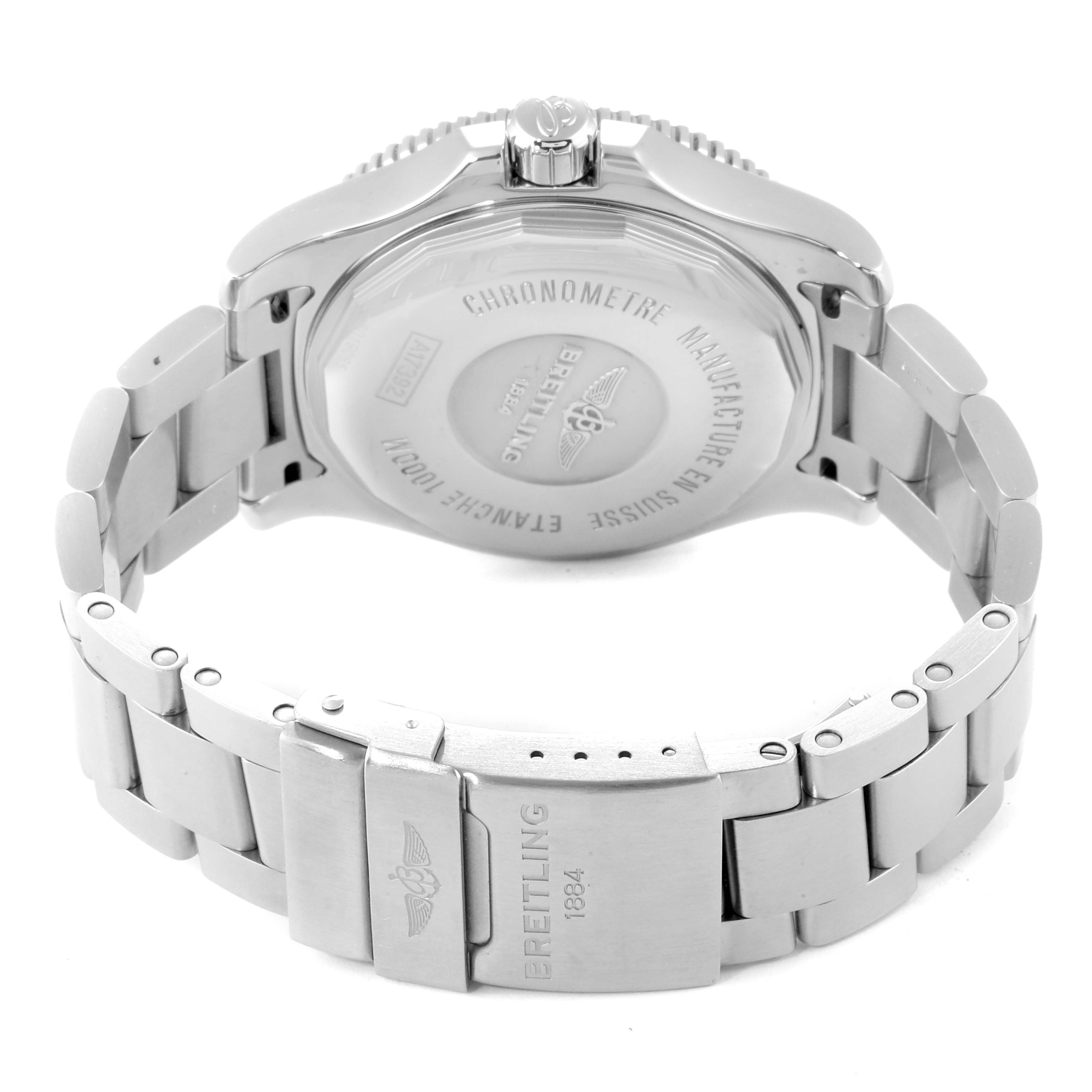 This image shows the back case and stainless steel bracelet of a Breitling Superocean A17392D8/C910  Men's Stainless Steel Blue Dial A17392D8/C910  Men's Stainless Steel Blue Dial watch from a rear angle.