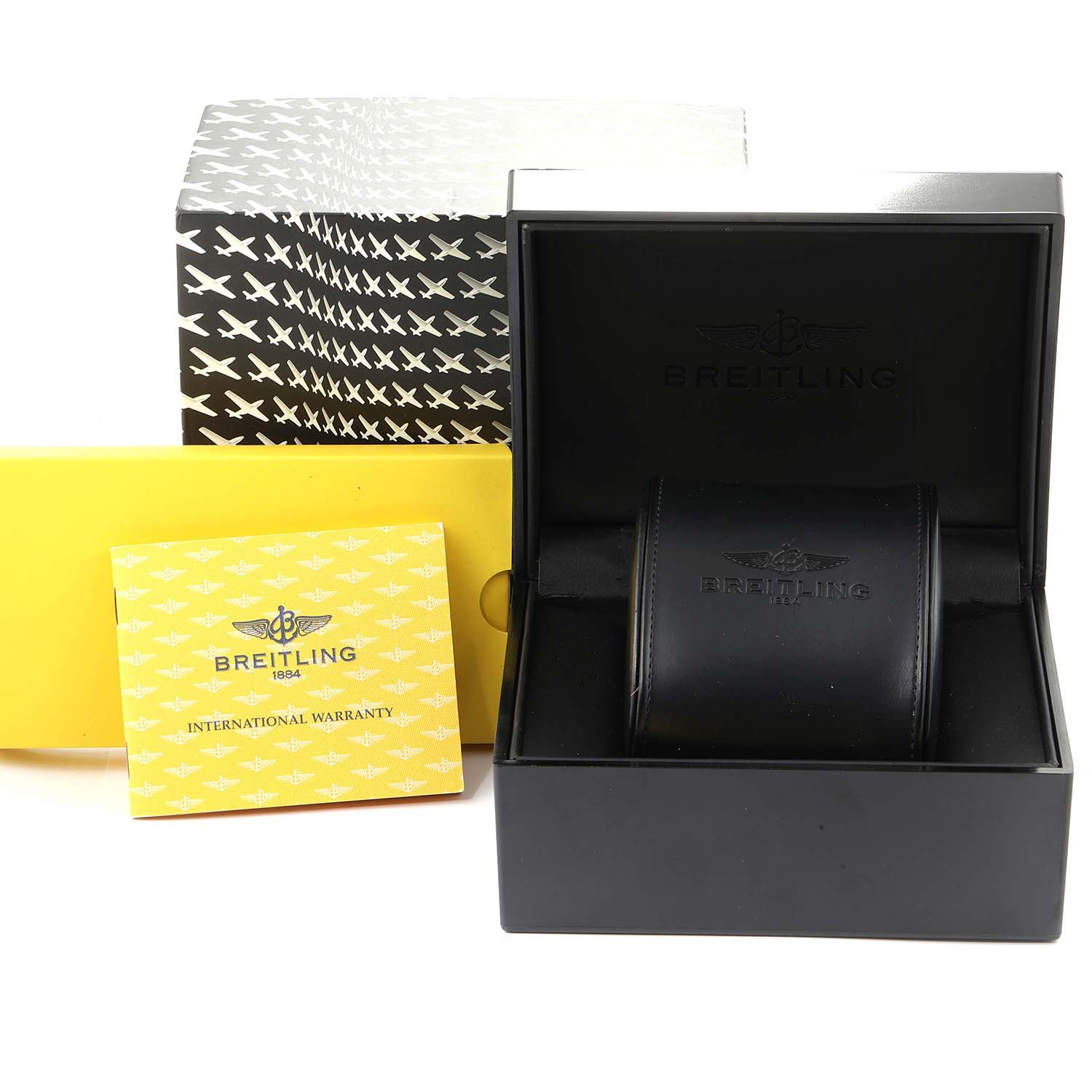 The image shows the packaging, box, and an international warranty card for a Breitling Superocean A17392D8/C910  Men's Stainless Steel Blue Dial A17392D8/C910  Men's Stainless Steel Blue Dial watch.