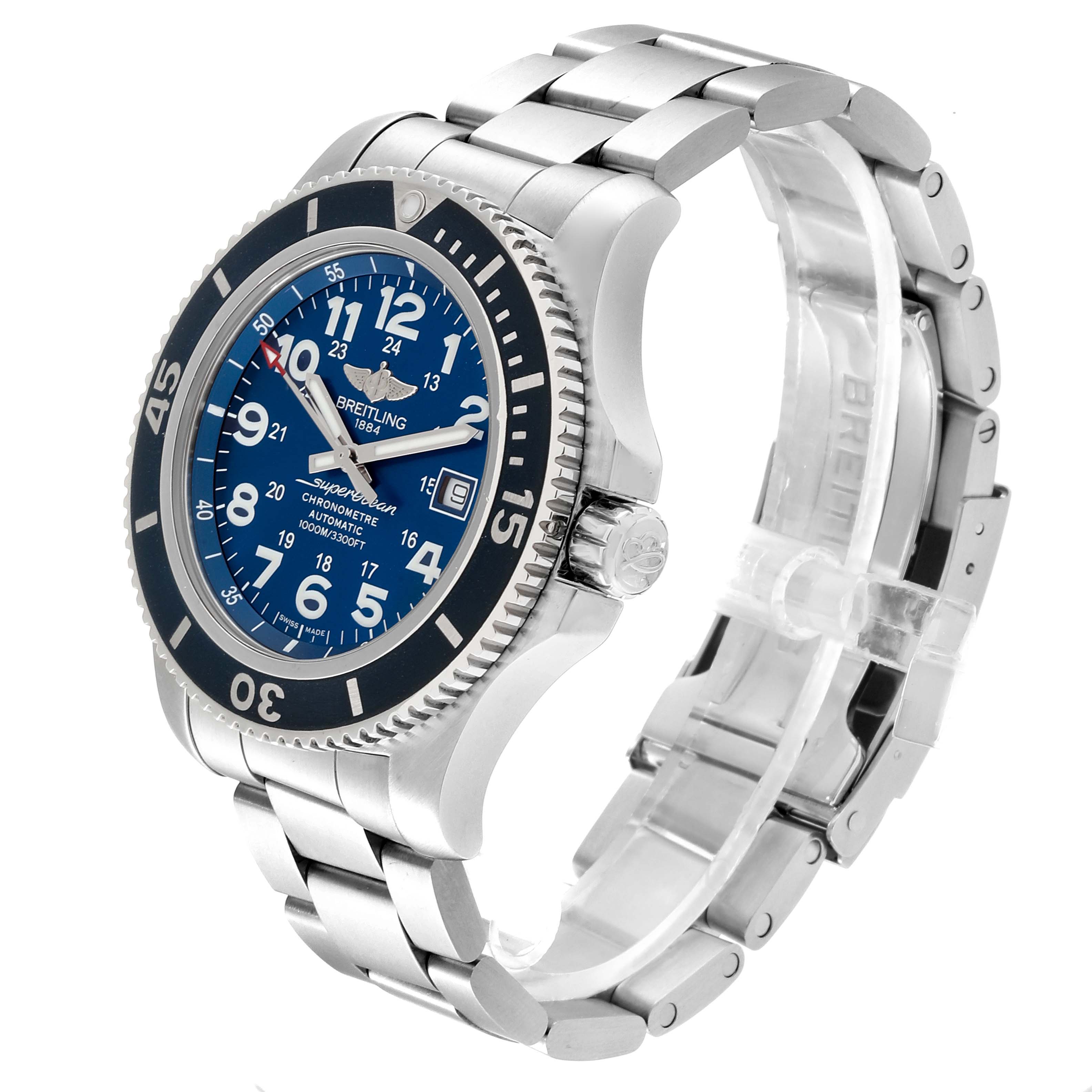 The image shows a side-angle view of the Breitling Superocean A17392D8/C910  Men's Stainless Steel Blue Dial A17392D8/C910  Men's Stainless Steel Blue Dial watch displaying its face, bezel, crown, and stainless steel band.