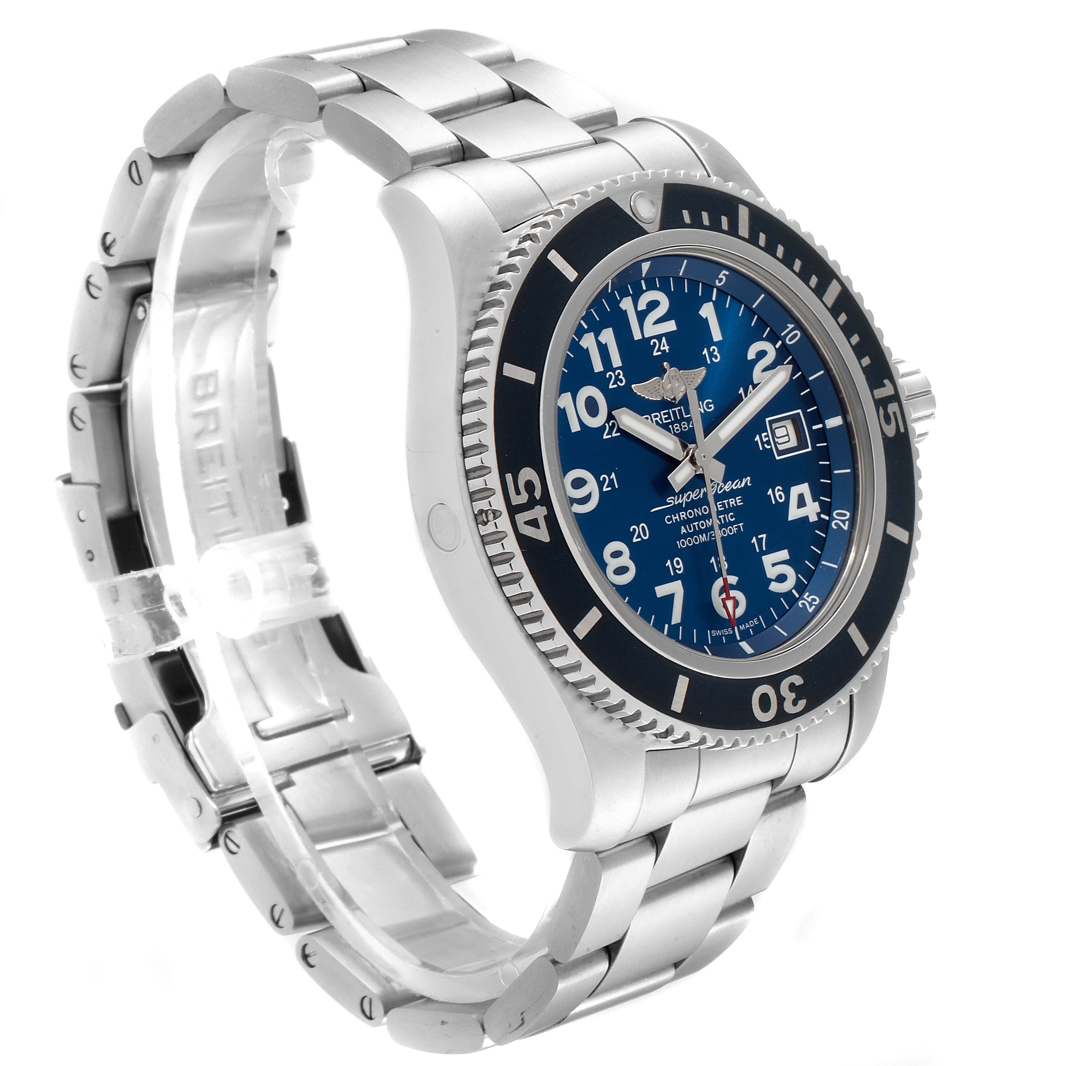 This image shows a side angle of the Breitling Superocean A17392D8/C910  Men's Stainless Steel Blue Dial A17392D8/C910  Men's Stainless Steel Blue Dial watch, featuring its bracelet, bezel, and blue dial.