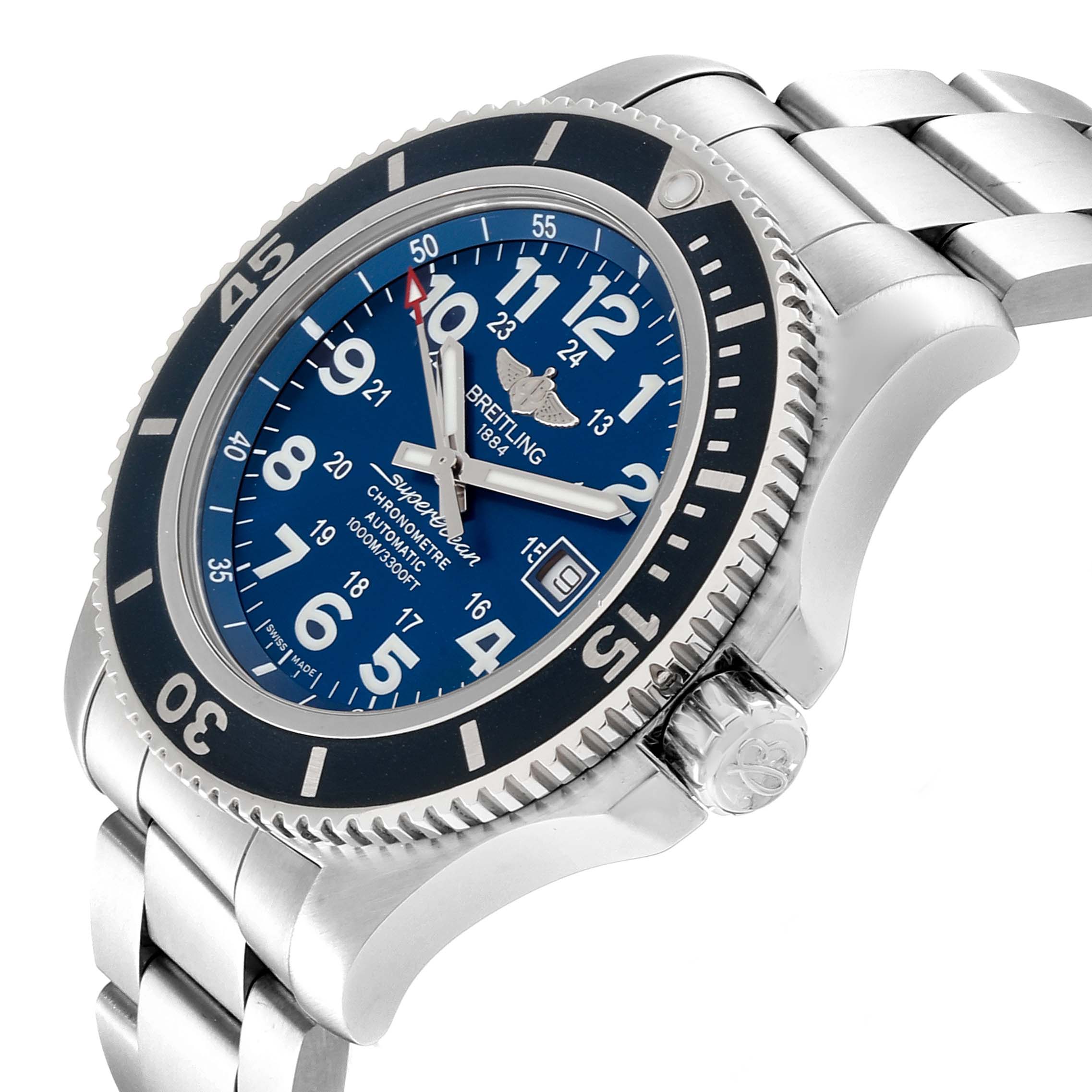The image shows a side angle view of the Breitling Superocean A17392D8/C910  Men's Stainless Steel Blue Dial A17392D8/C910  Men's Stainless Steel Blue Dial watch, highlighting the dial, bezel, crown, and bracelet.