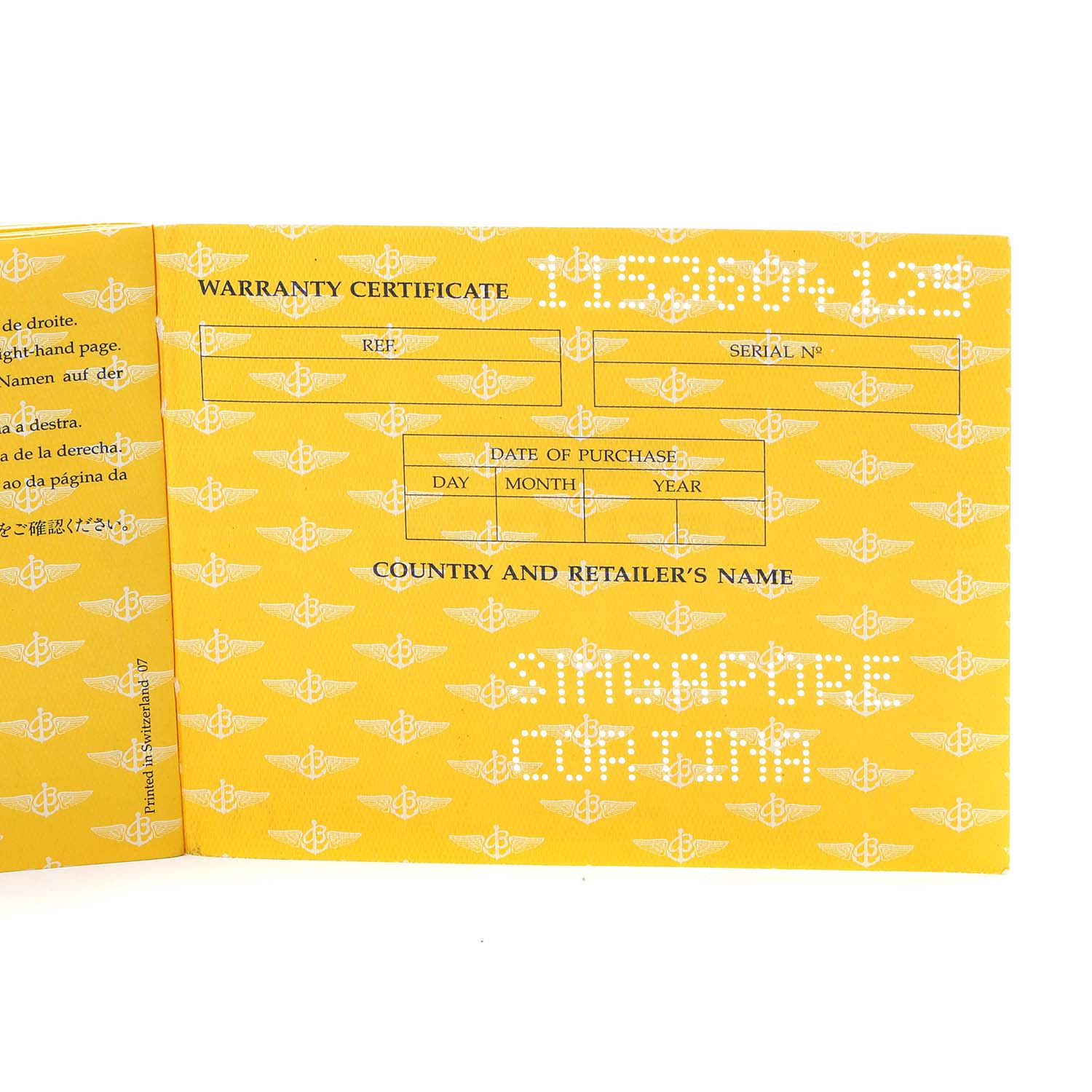 The image shows an open warranty certificate booklet for the Breitling Superocean A17392D8/C910  Men's Stainless Steel Blue Dial A17392D8/C910  Men's Stainless Steel Blue Dial watch model.