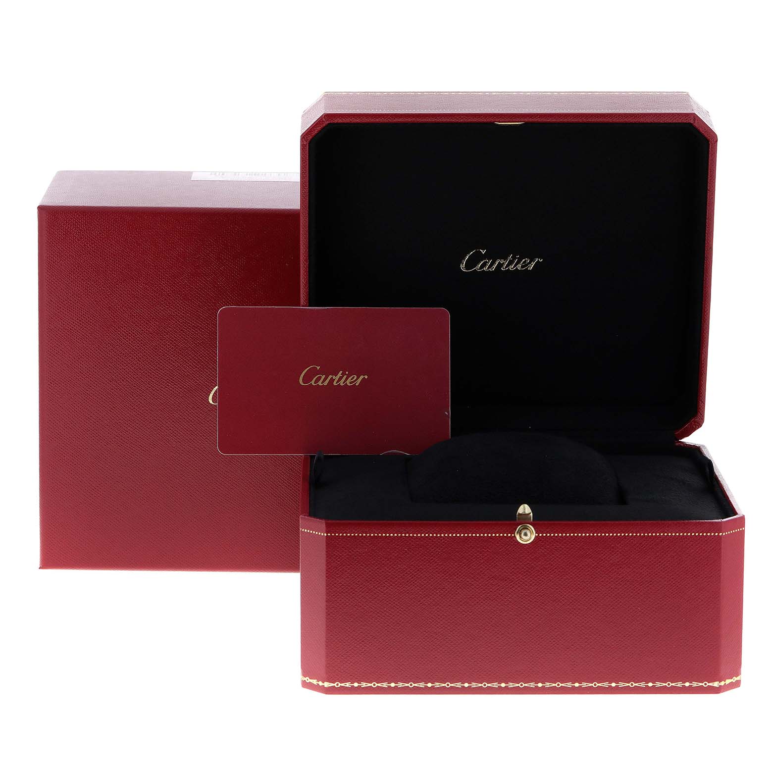 The image shows an open red Cartier box with a certificate holder, likely for a Ballon Bleu model watch.