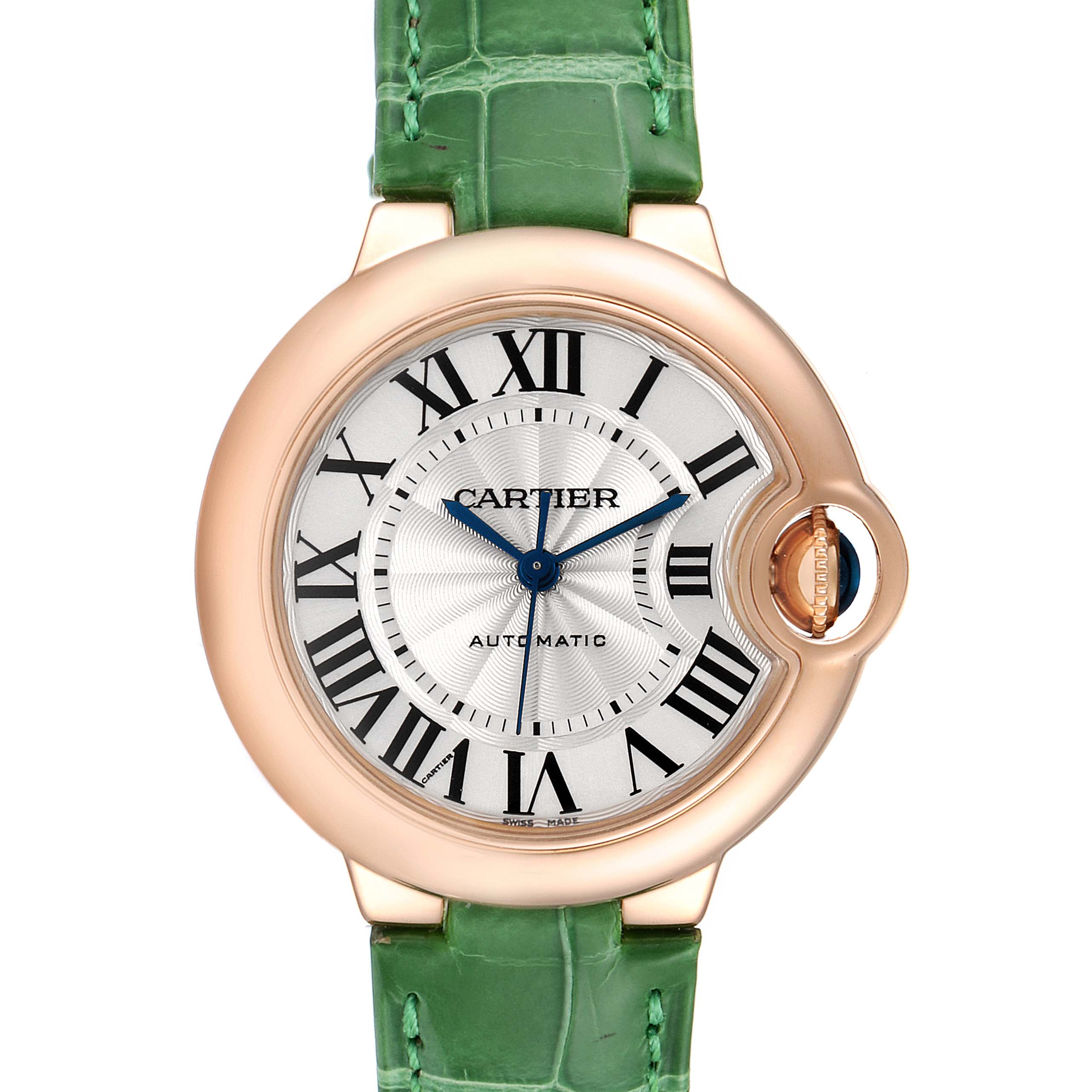 The image shows a front view of a Cartier Ballon Bleu W6920097 Women's Rose Gold Silver Dial W6920097 Women's Rose Gold Silver Dial watch with a green strap and gold casing.