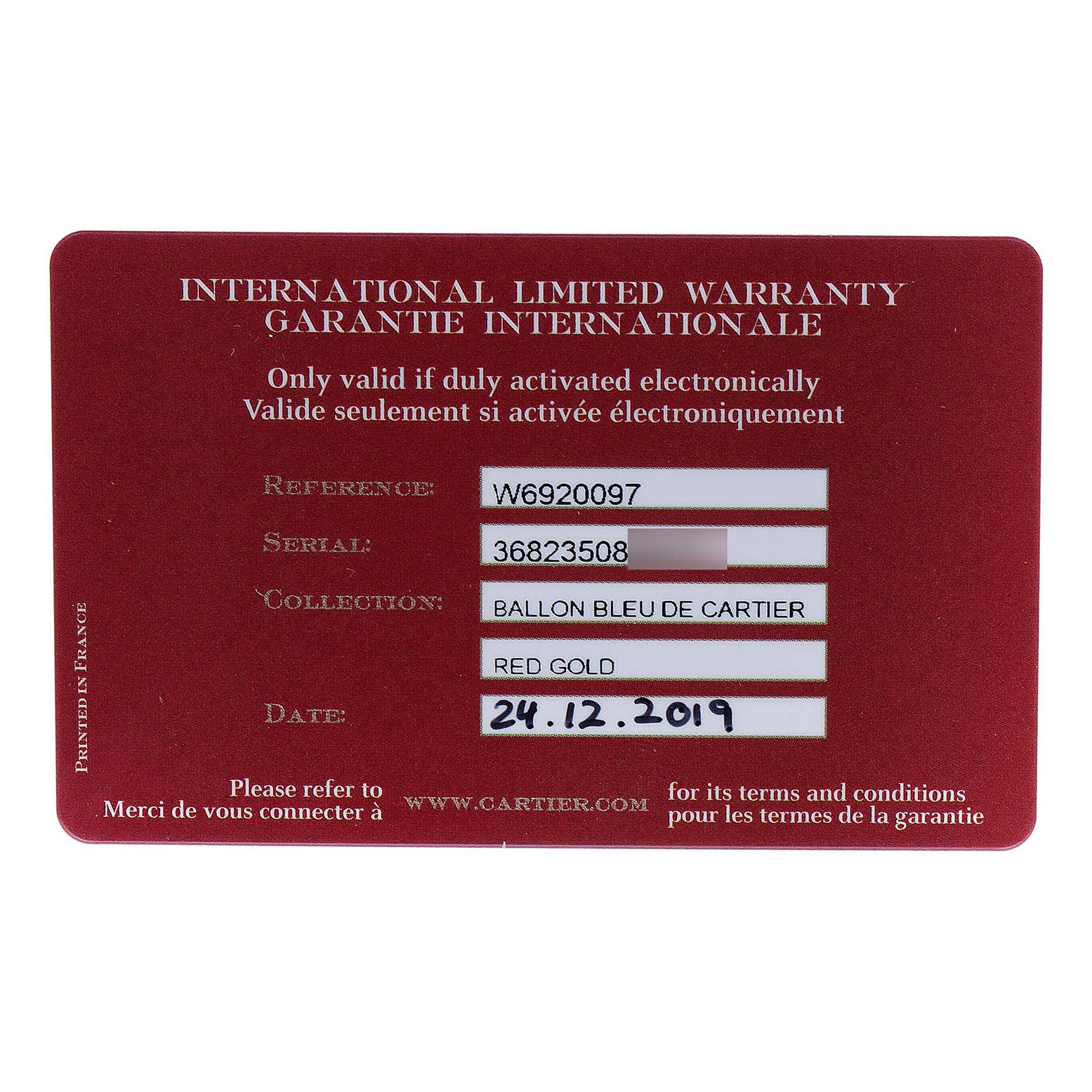 This image shows the warranty card for a Ballon Bleu de Cartier watch, providing reference, serial number, collection, material, and date.