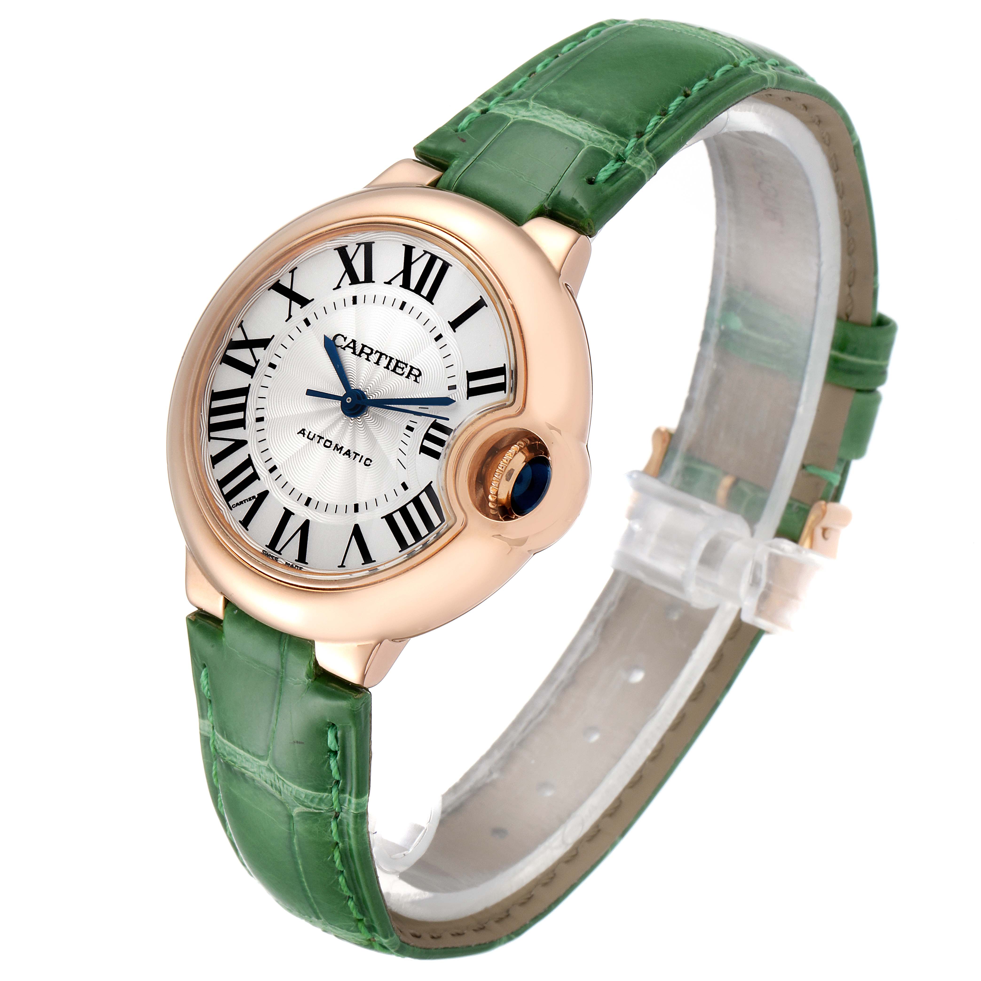The image shows a Cartier Ballon Bleu W6920097 Women's Rose Gold Silver Dial W6920097 Women's Rose Gold Silver Dial watch, emphasizing the face, crown, and green leather strap, viewed at a slight angle from the front.