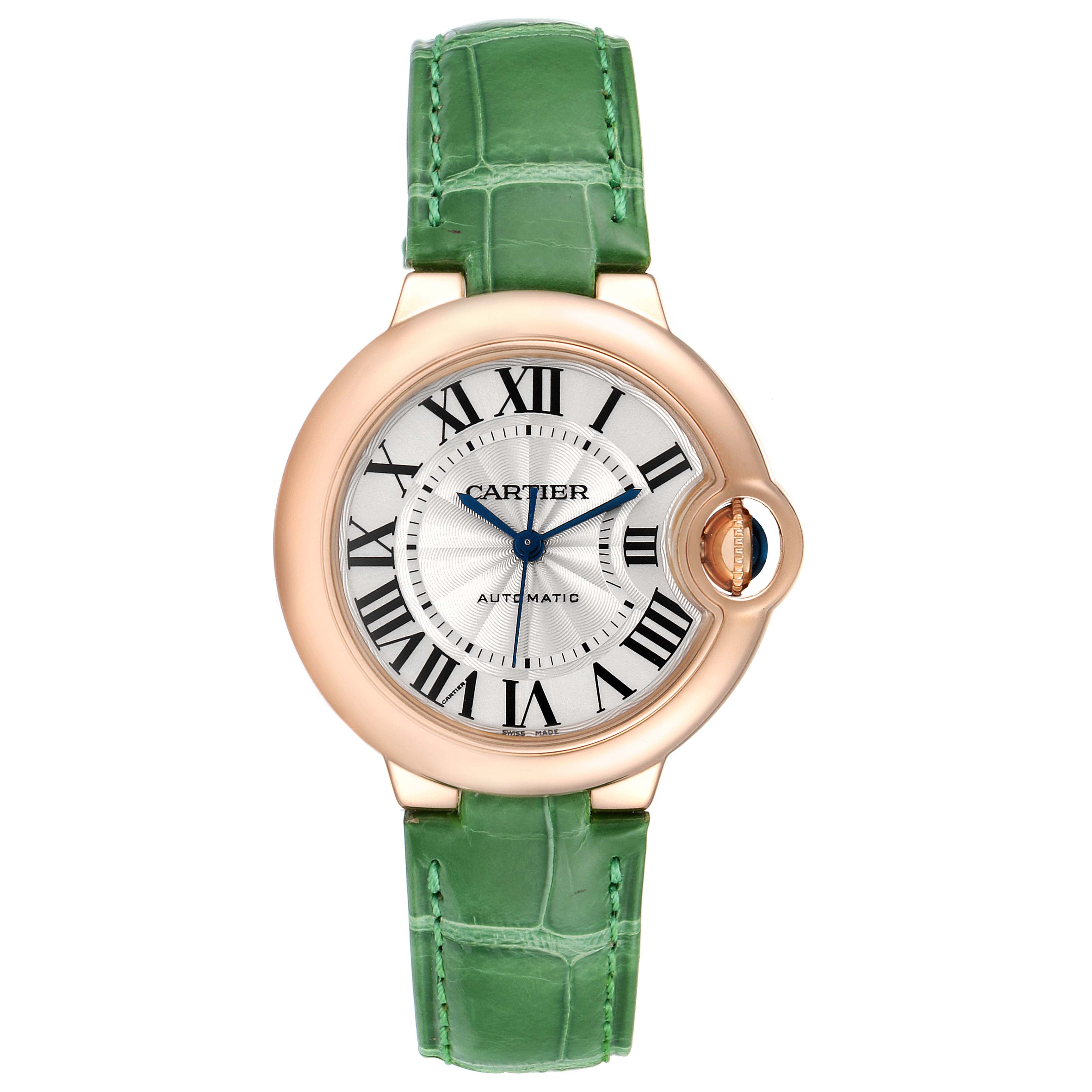 The image shows a front view of a Cartier Ballon Bleu W6920097 Women's Rose Gold Silver Dial W6920097 Women's Rose Gold Silver Dial watch with a green leather strap and a rose gold case.