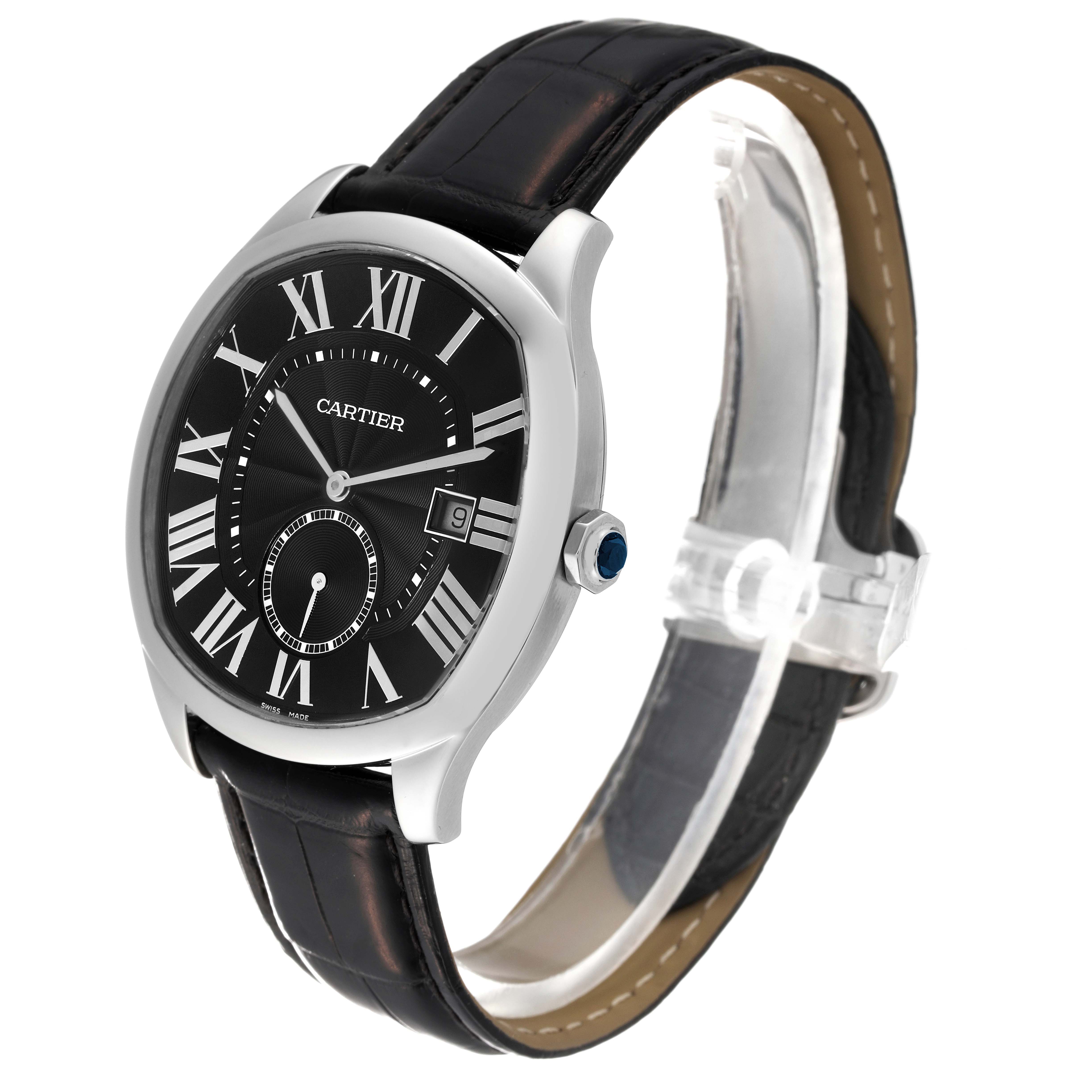 This image shows a Drive de Cartier watch by Cartier at a slightly tilted front angle, highlighting its face and black leather strap.
