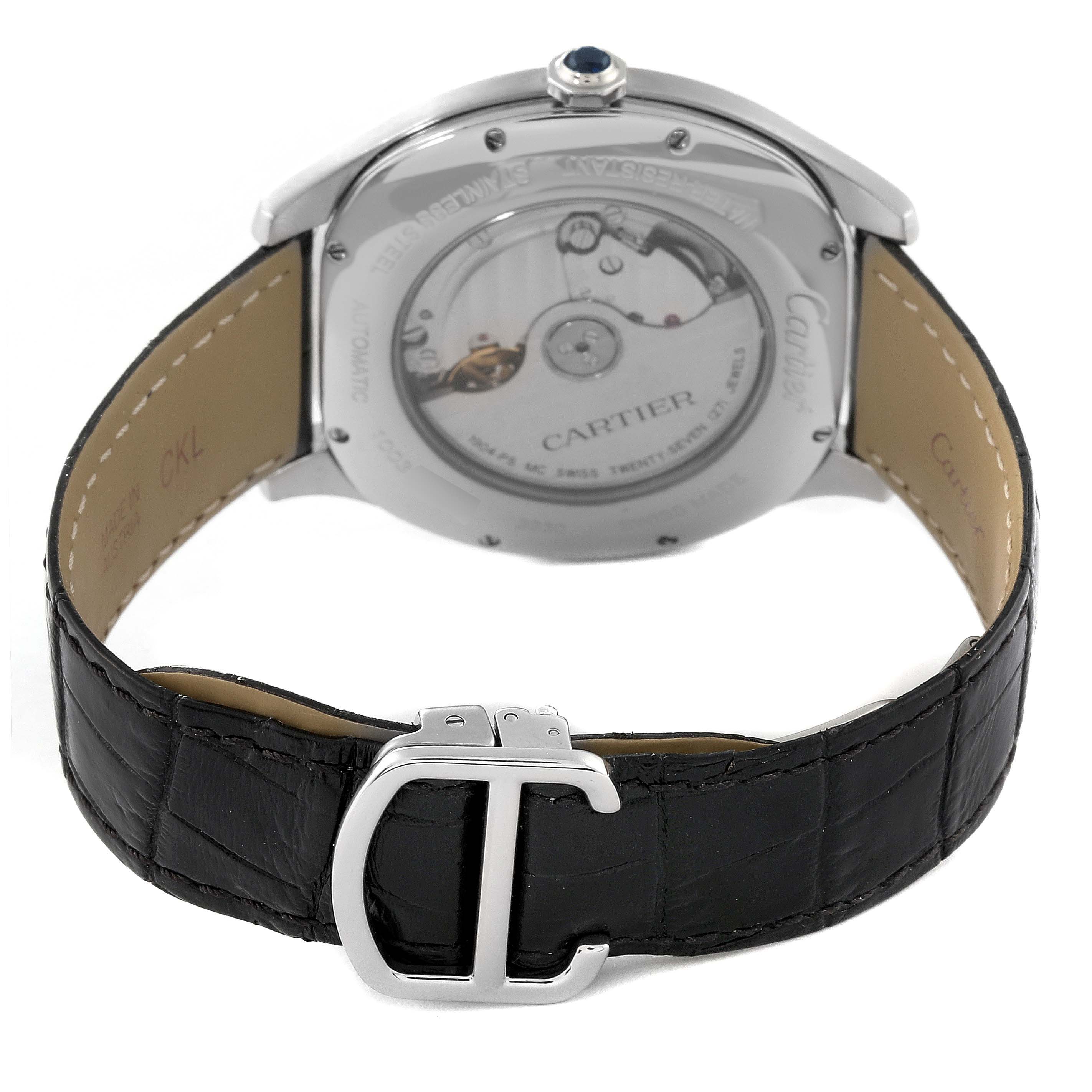 This image shows the back view of the Drive de Cartier watch by Cartier, featuring its movement and leather strap.