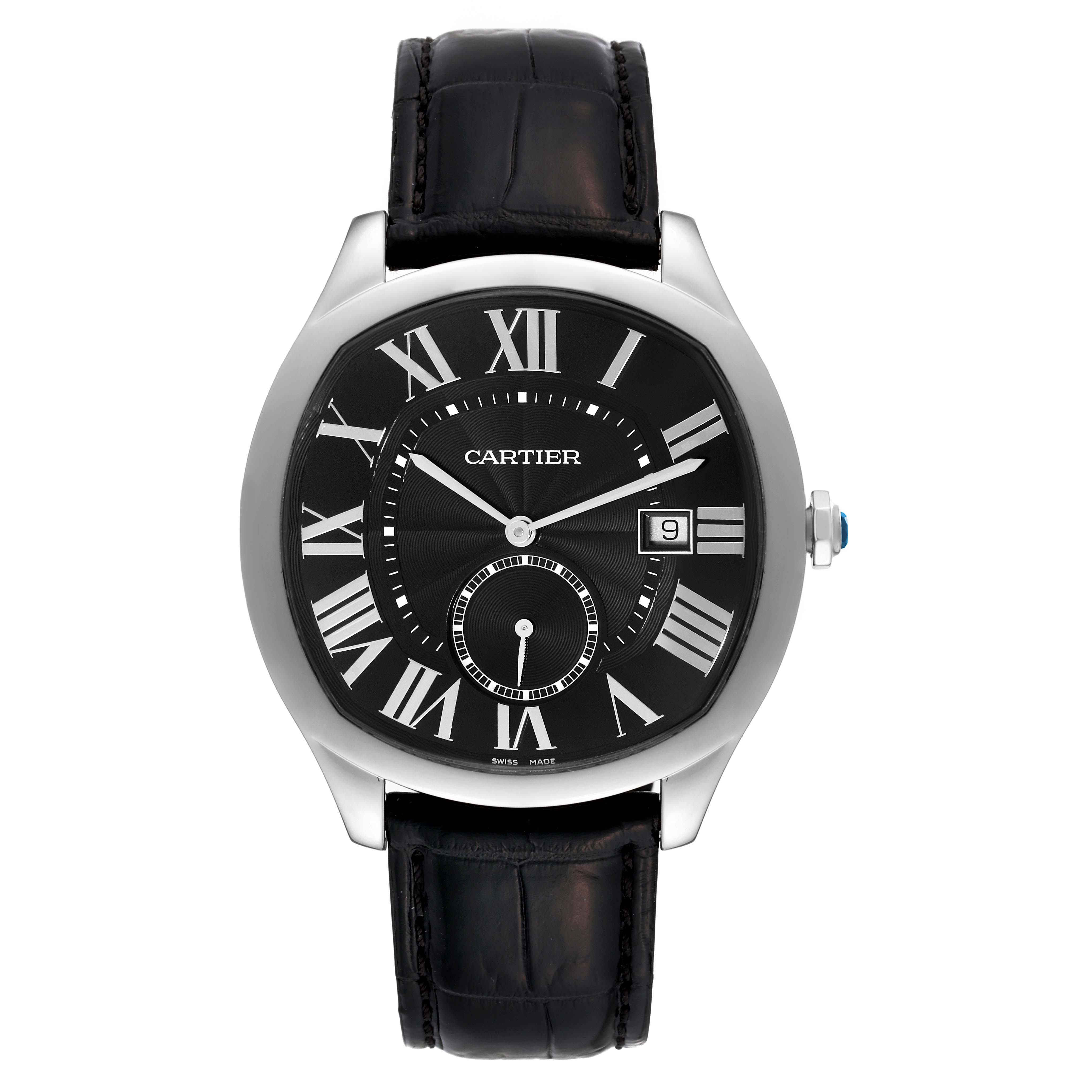 The image shows a front view of the Drive de Cartier watch by Cartier, displaying the dial, case, and leather strap.