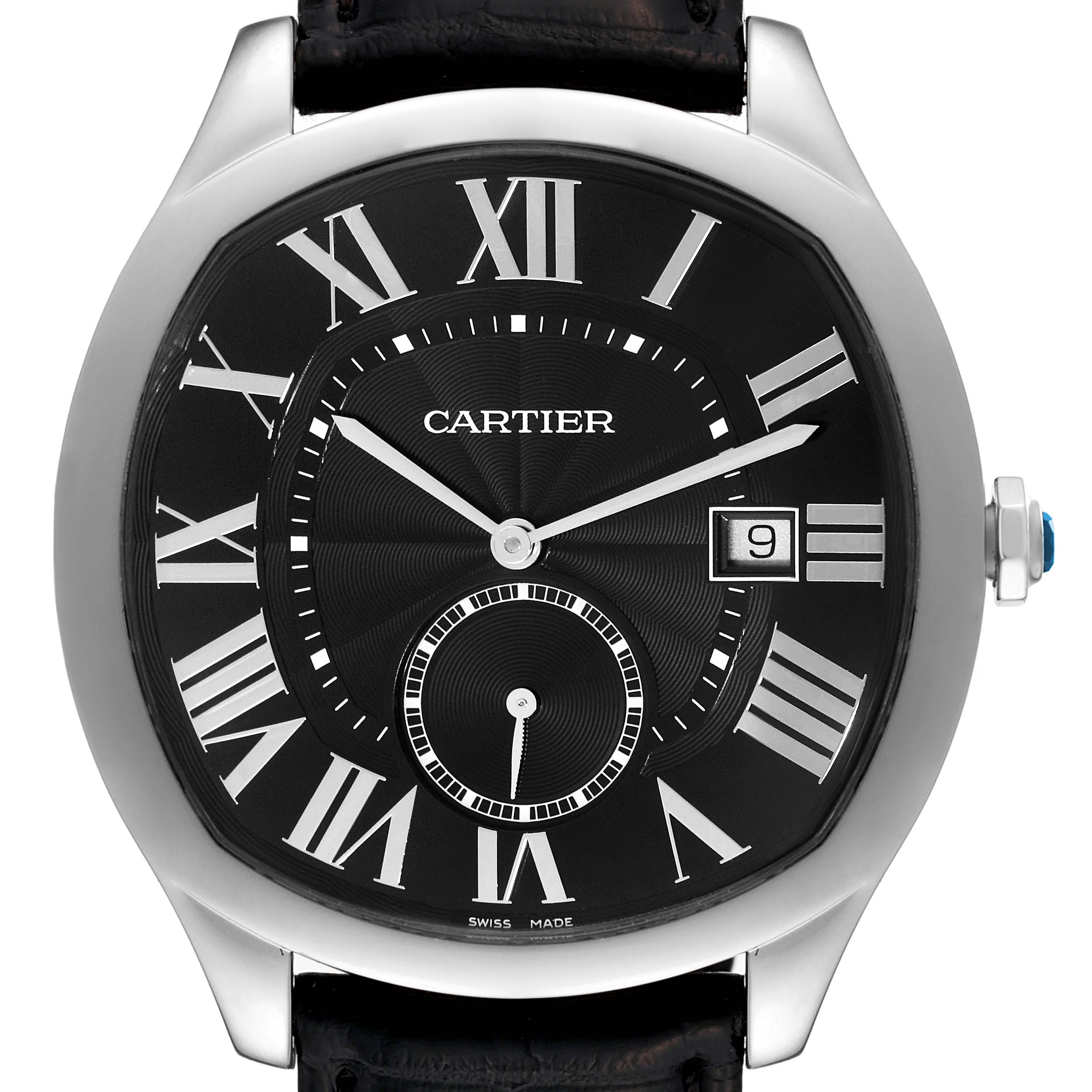 The image shows a Drive de Cartier watch by Cartier, focusing on the front dial with Roman numerals and a date window.