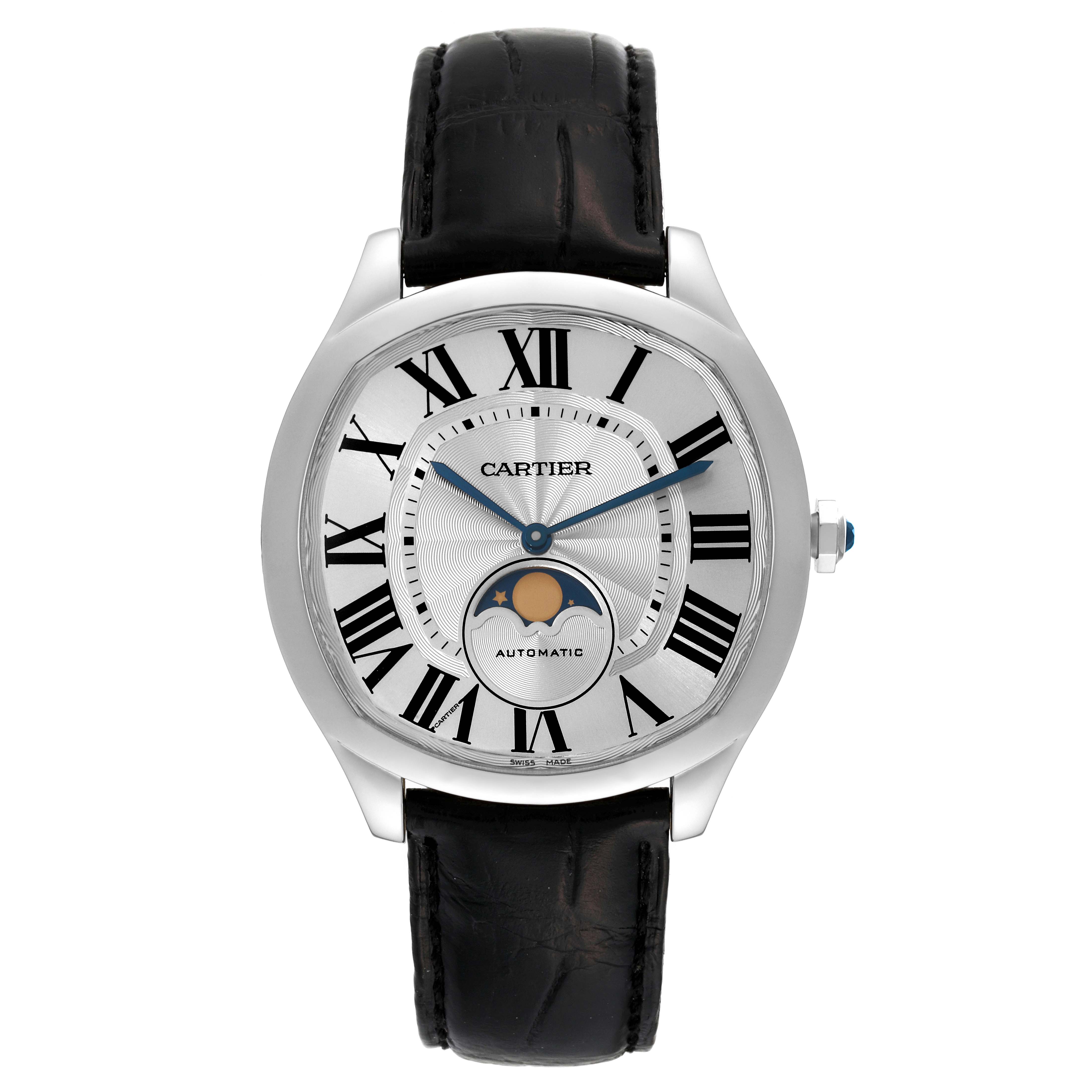 The image shows a frontal view of a Drive de Cartier watch by Cartier, highlighting the dial, hands, Roman numerals, moonphase complication, and black leather strap.