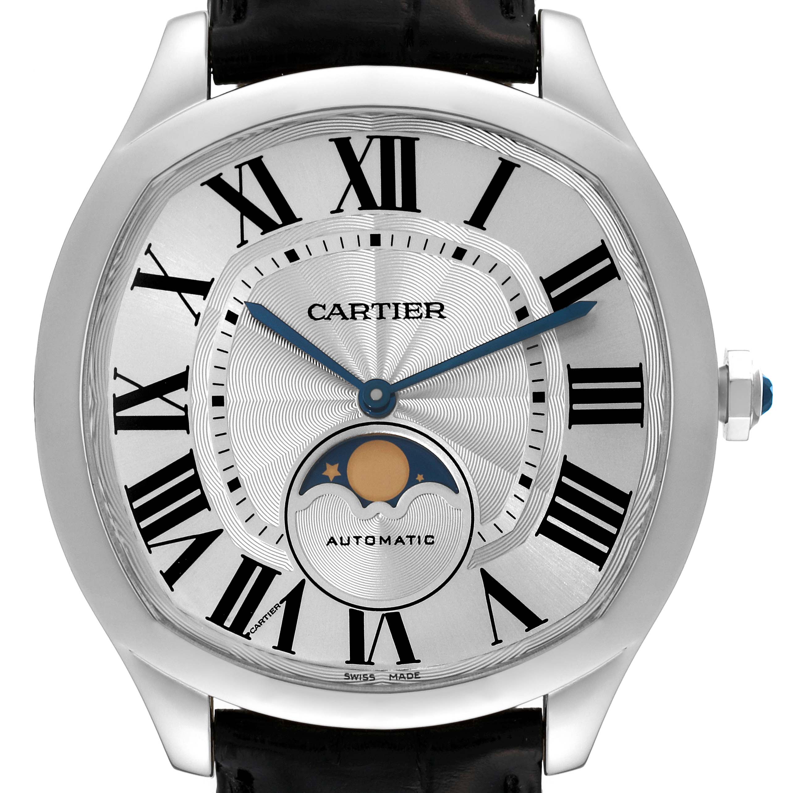 This image shows a frontal view of a Drive de Cartier watch by Cartier, displaying its face, Roman numerals, and moonphase feature.