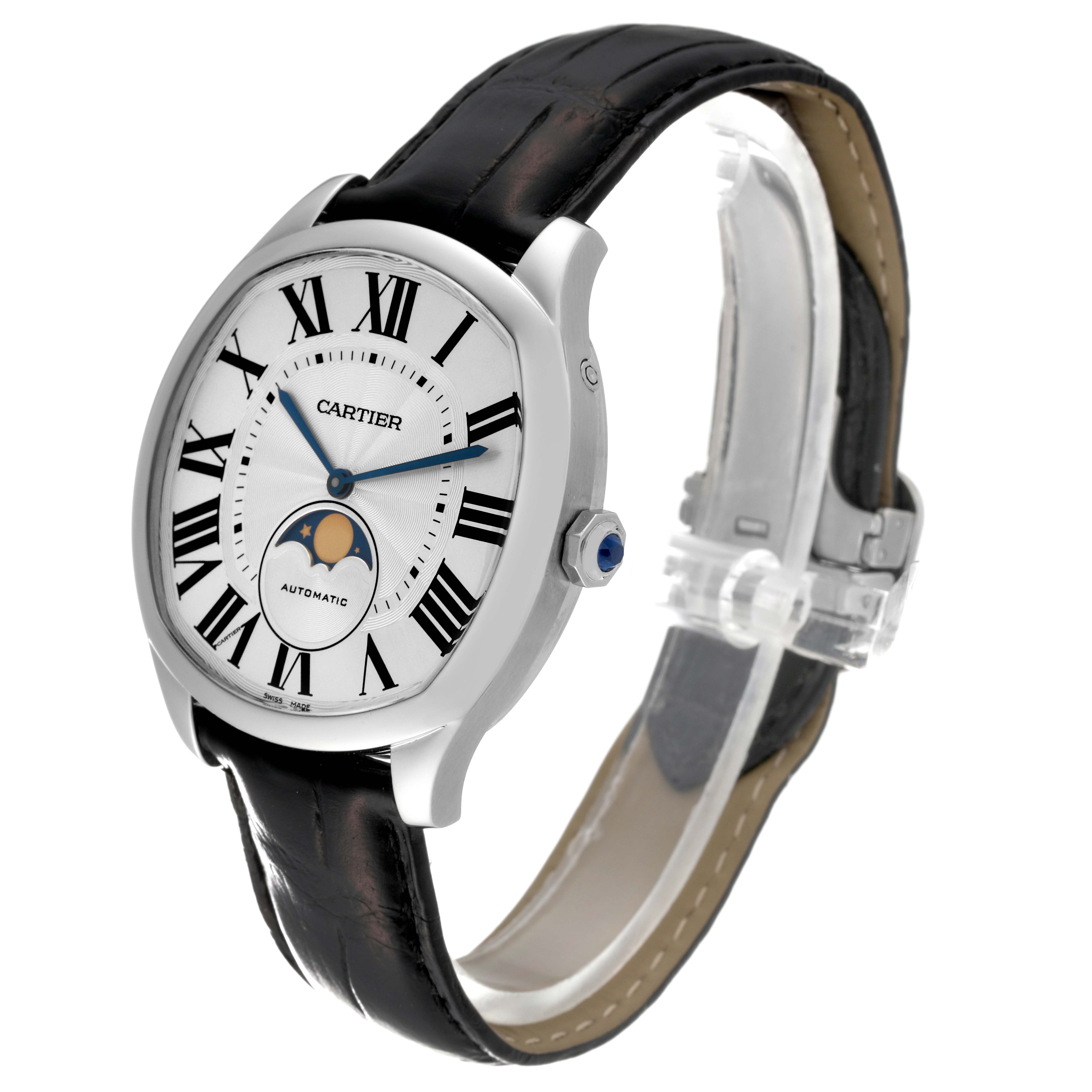The Drive de Cartier watch by Cartier is shown at an angle, displaying its face, strap, case, and crown.