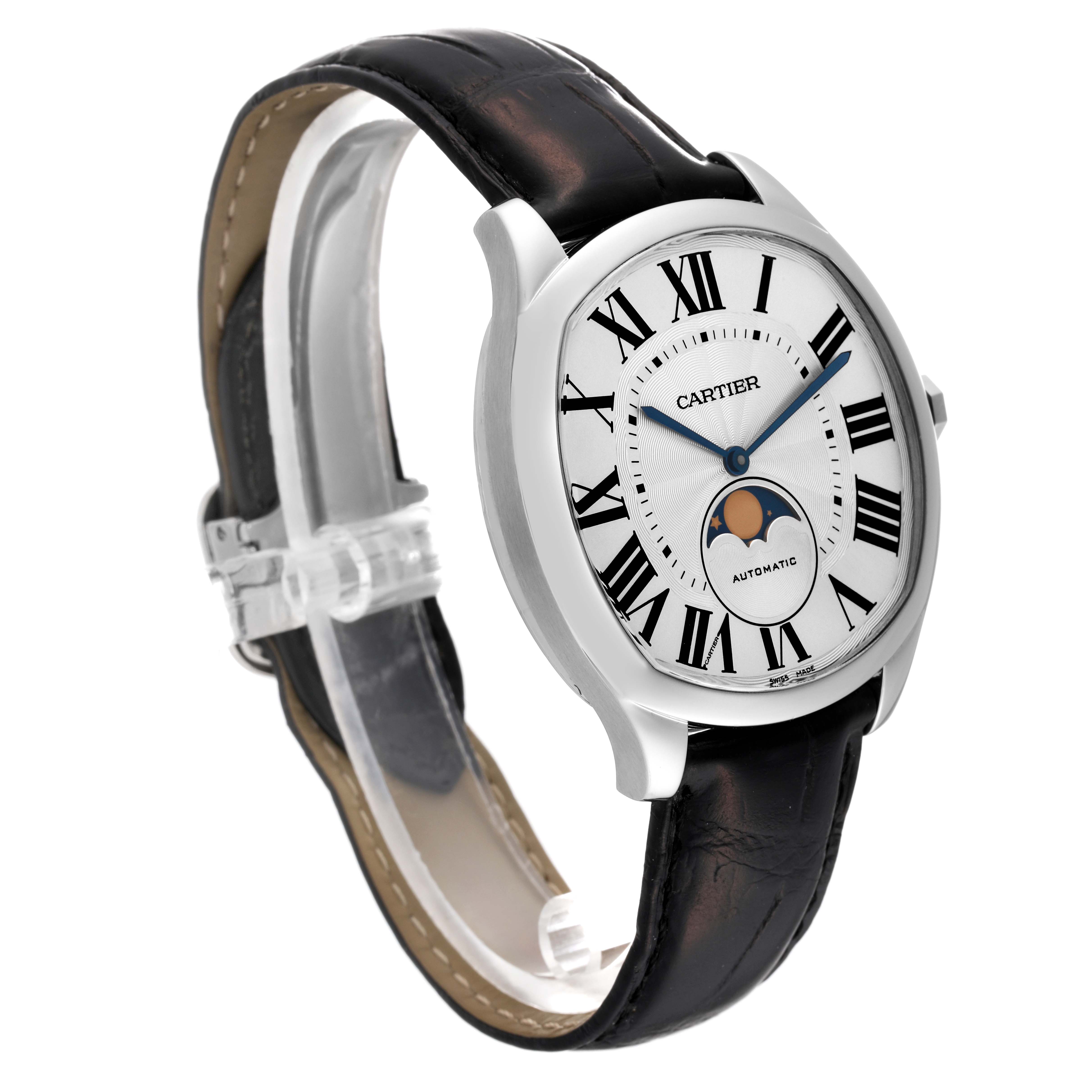 The Drive de Cartier watch by Cartier is shown at a slight side angle, displaying its face, roman numerals, moon phase, and leather strap.