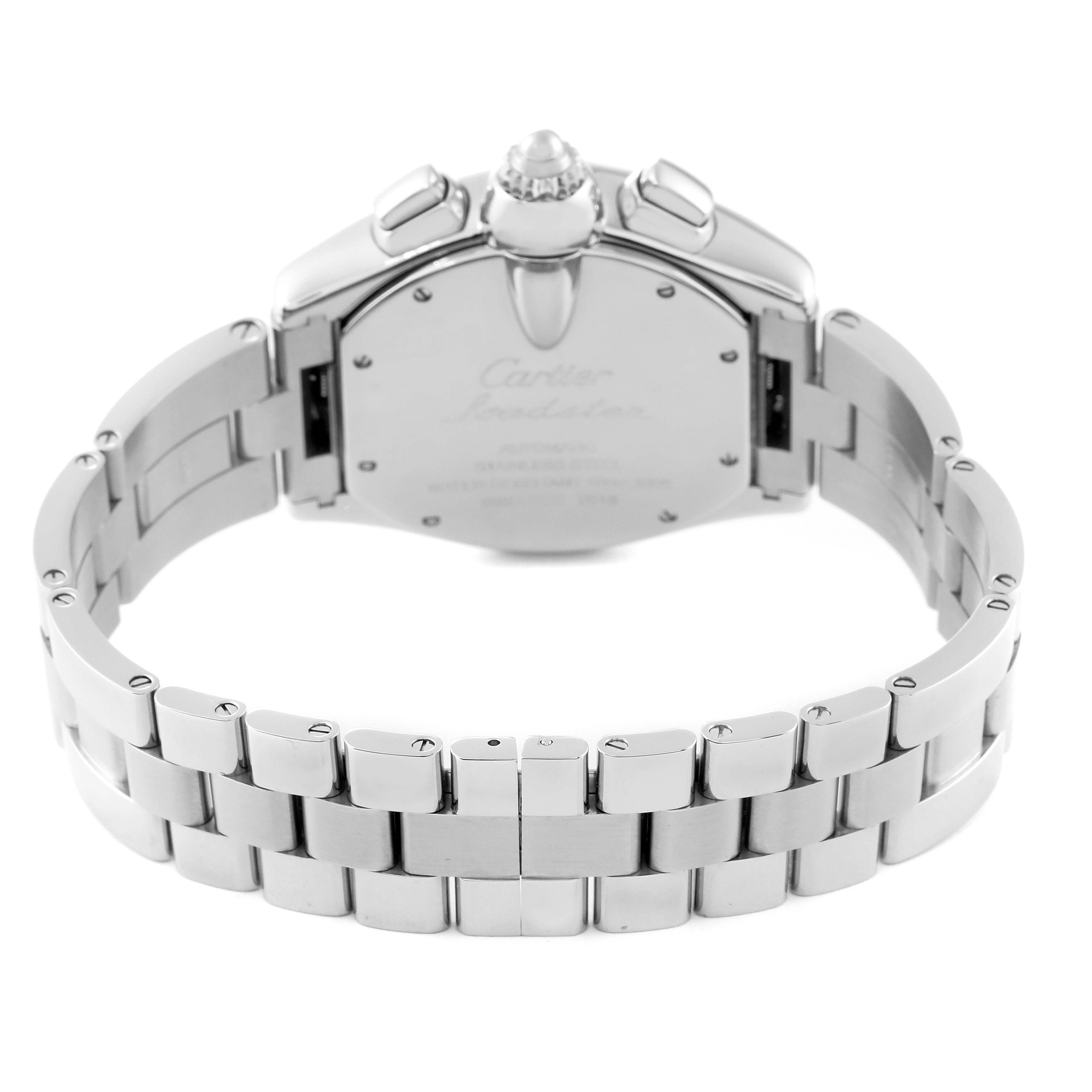 This image shows the back side of a Cartier Roadster W62019X6 Men's Stainless Steel Silver Dial W62019X6 Men's Stainless Steel Silver Dial watch, including its case and stainless steel bracelet.