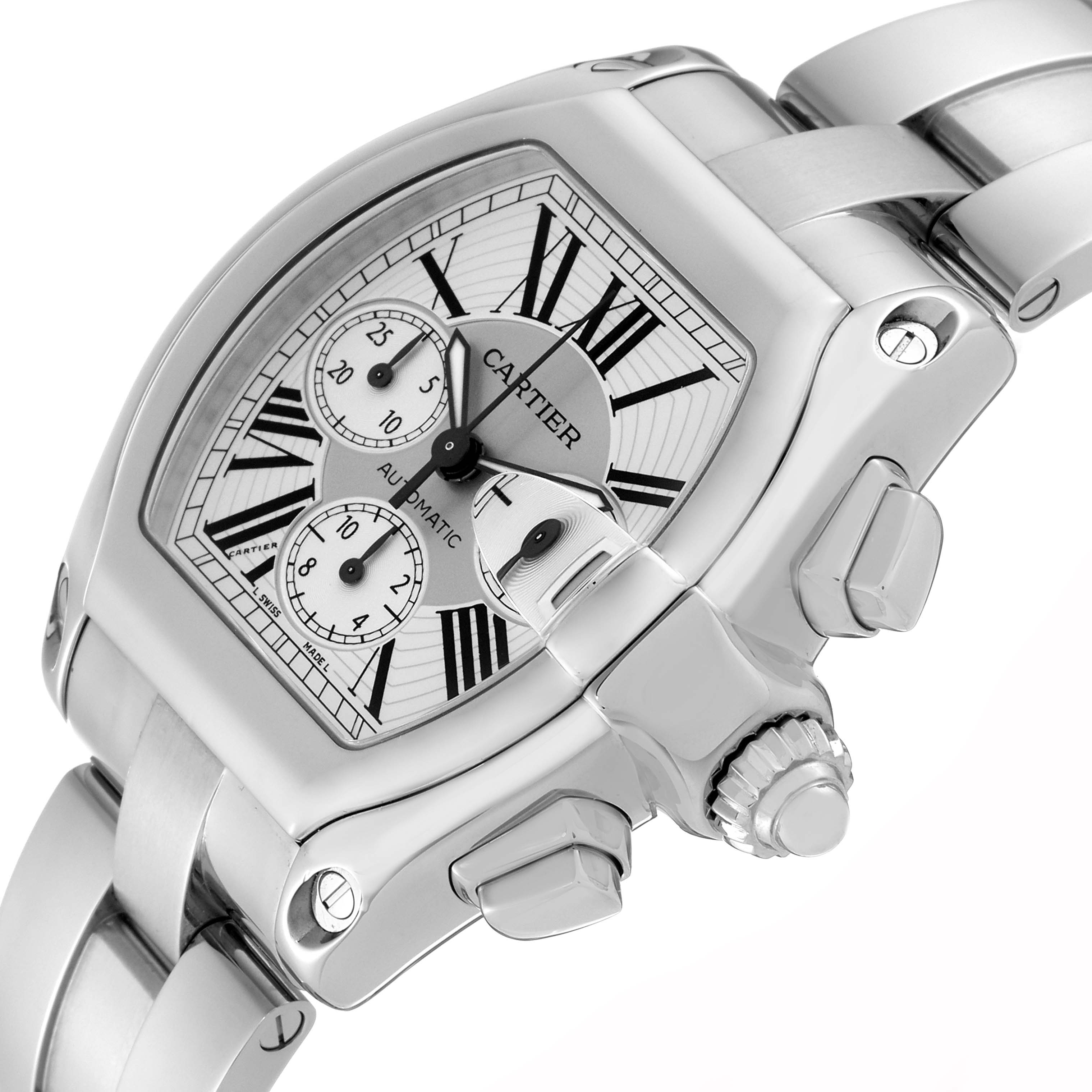 The Cartier Roadster W62019X6 Men's Stainless Steel Silver Dial W62019X6 Men's Stainless Steel Silver Dial watch is shown at an angled close-up, highlighting its dial, crown, pushers, and part of the bracelet.