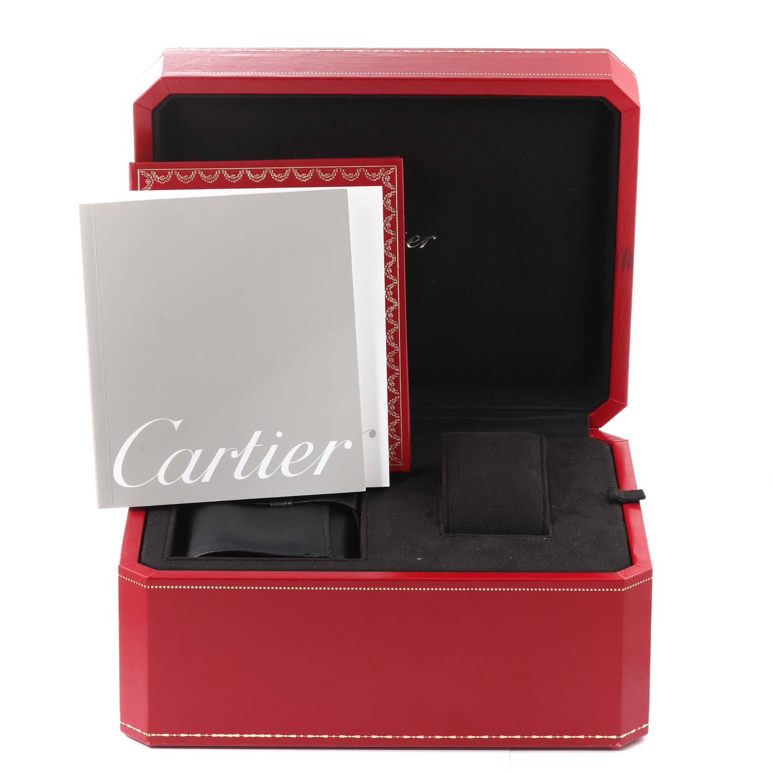 The image shows a Cartier Roadster W62019X6 Men's Stainless Steel Silver Dial W62019X6 Men's Stainless Steel Silver Dial watch box with accompanying manuals and accessories.