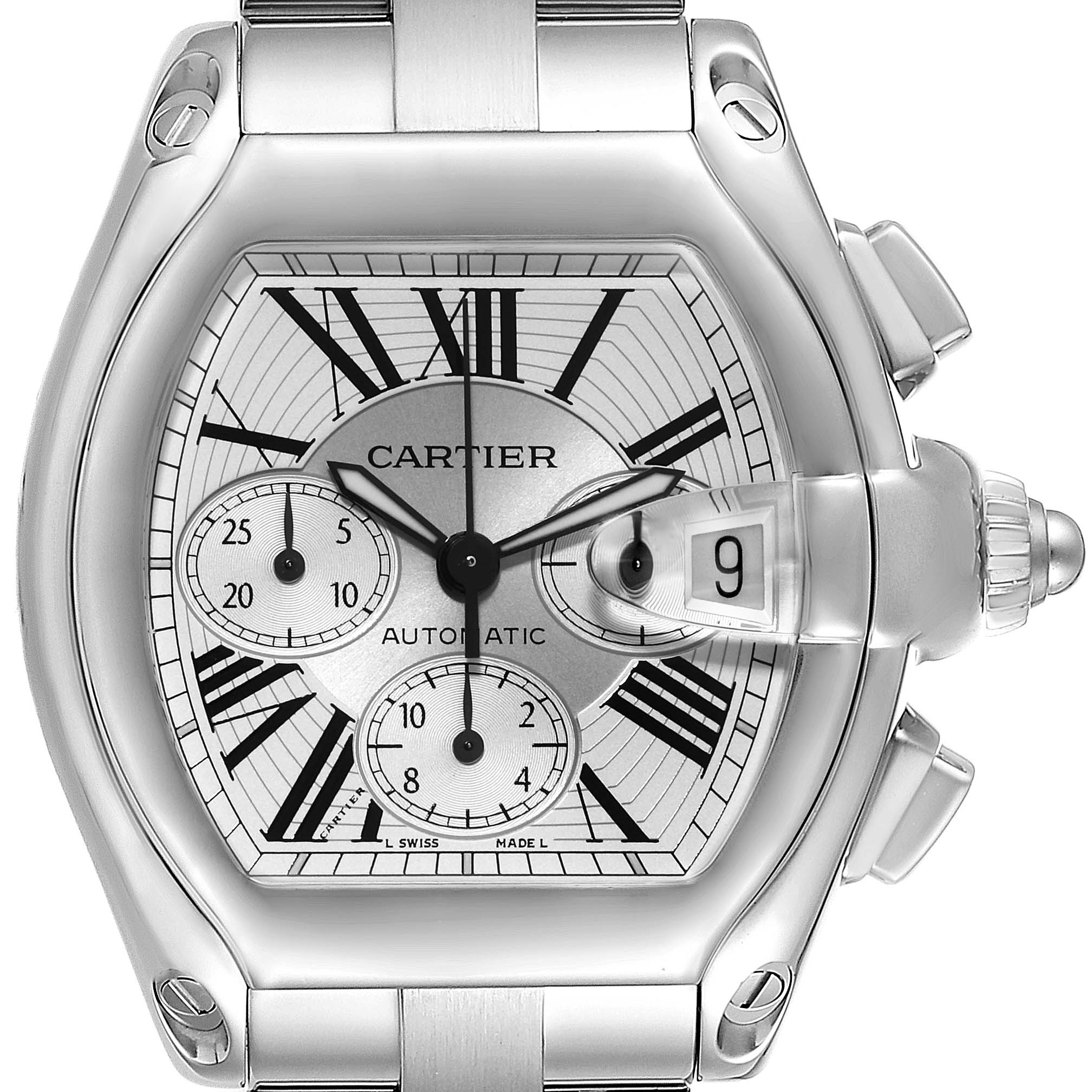 The image shows a close-up of the Cartier Roadster W62019X6 Men's Stainless Steel Silver Dial W62019X6 Men's Stainless Steel Silver Dial watch face, displaying its dials, hands, and date magnifier.